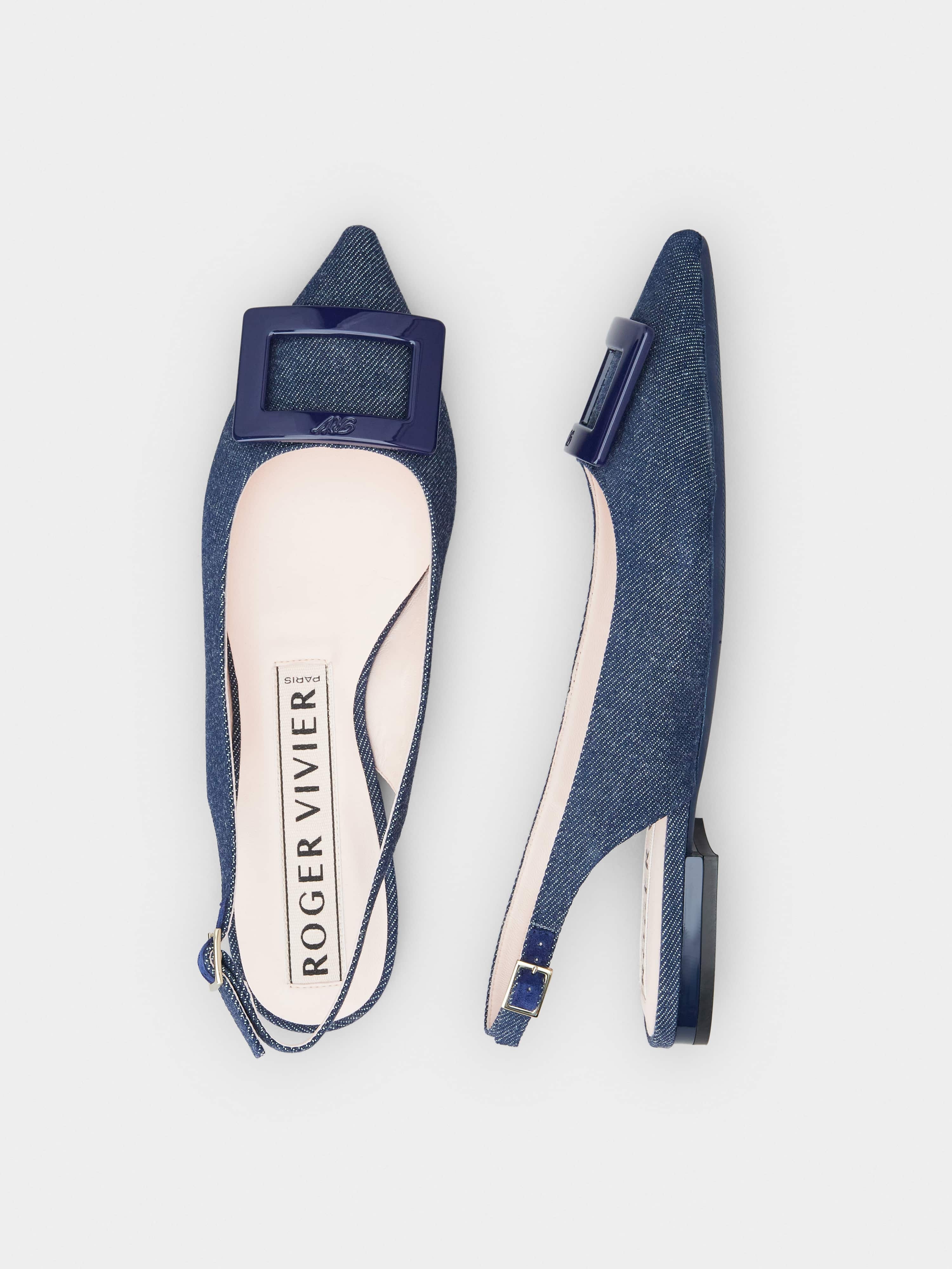 Gommettine Lacquered Buckle Slingback Ballerinas in Denim - 4