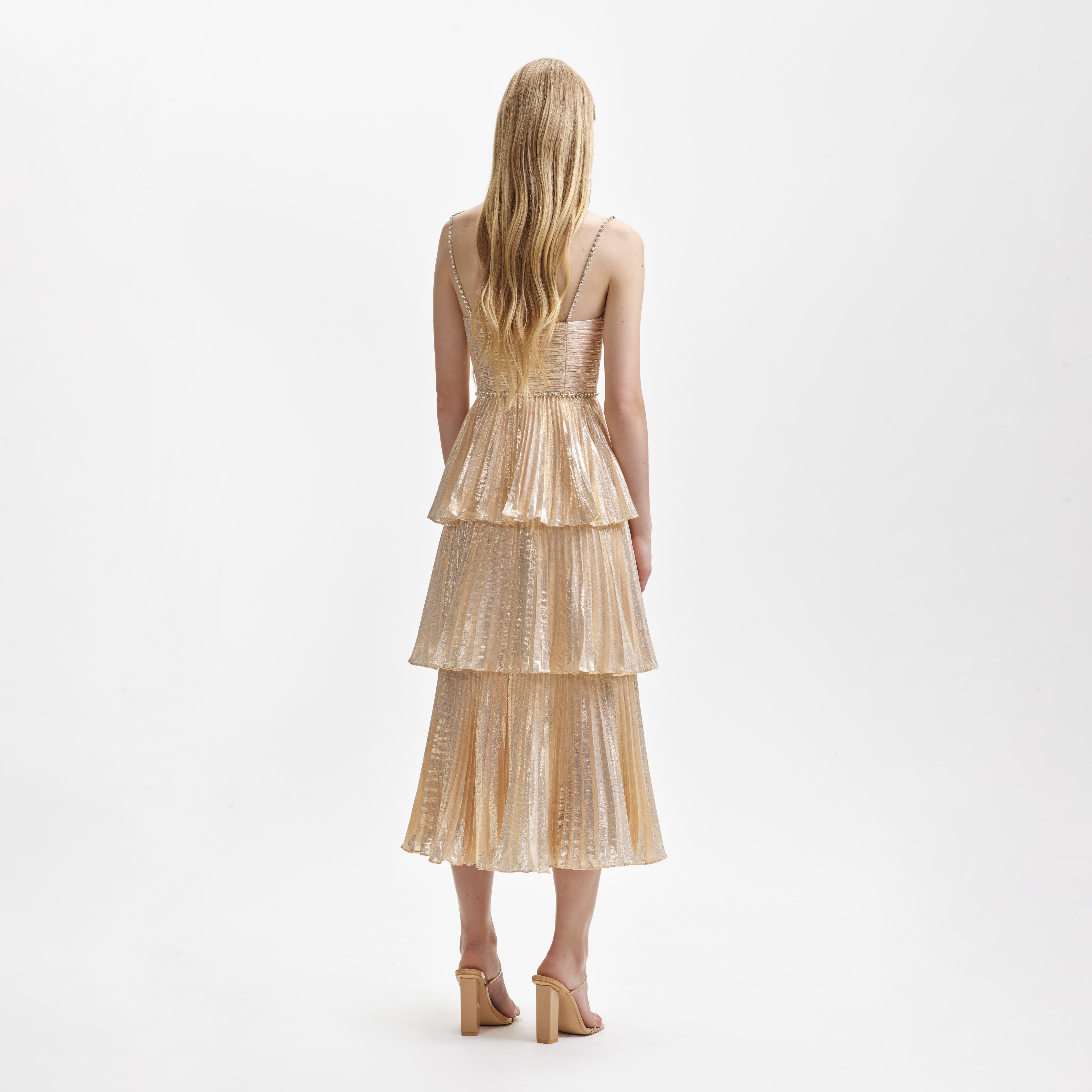 self-portrait Gold Metallic Tiered Midi Dress | REVERSIBLE