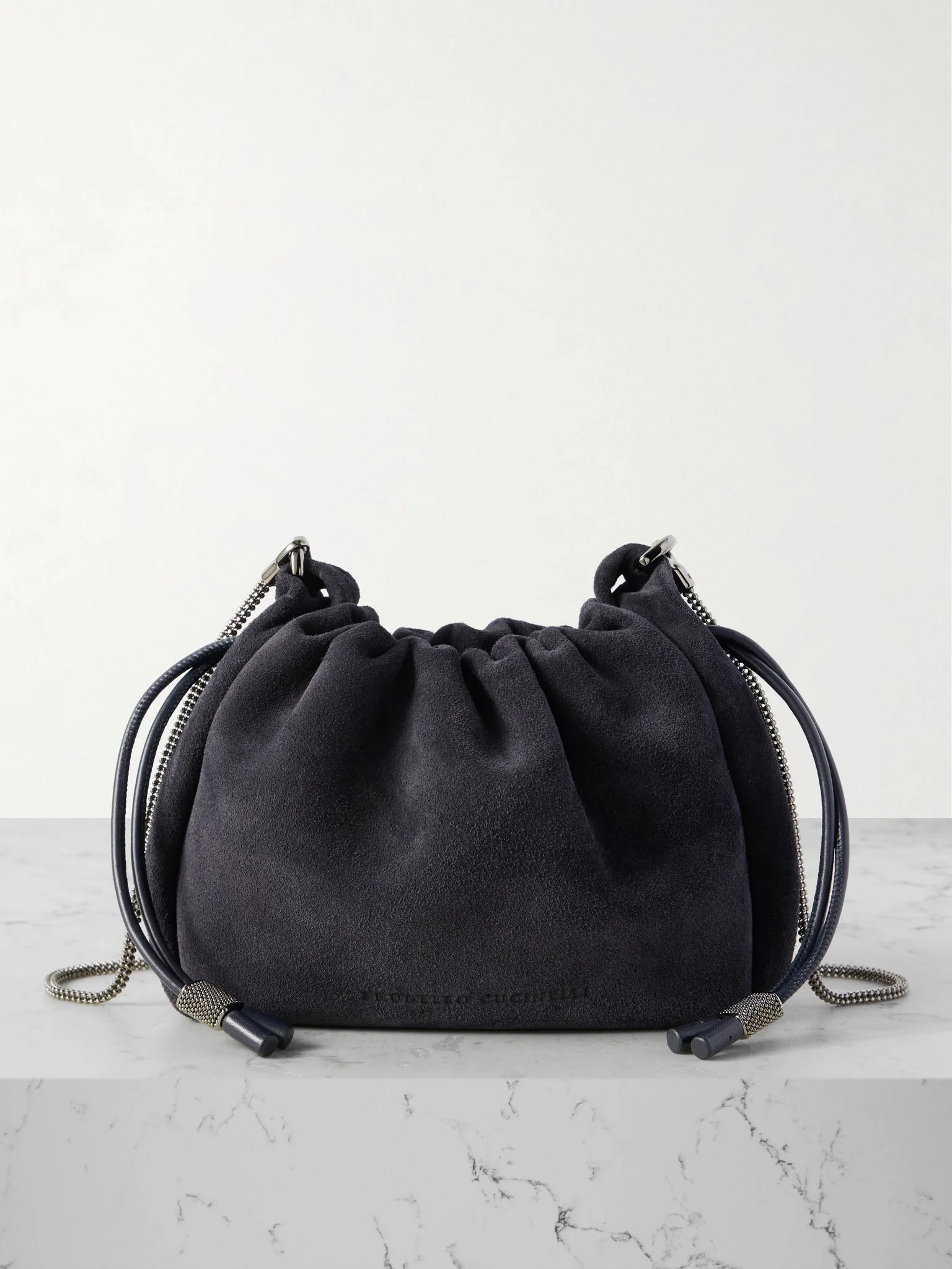 Small leather-trimmed bead-embellished suede shoulder bag Navy - 1