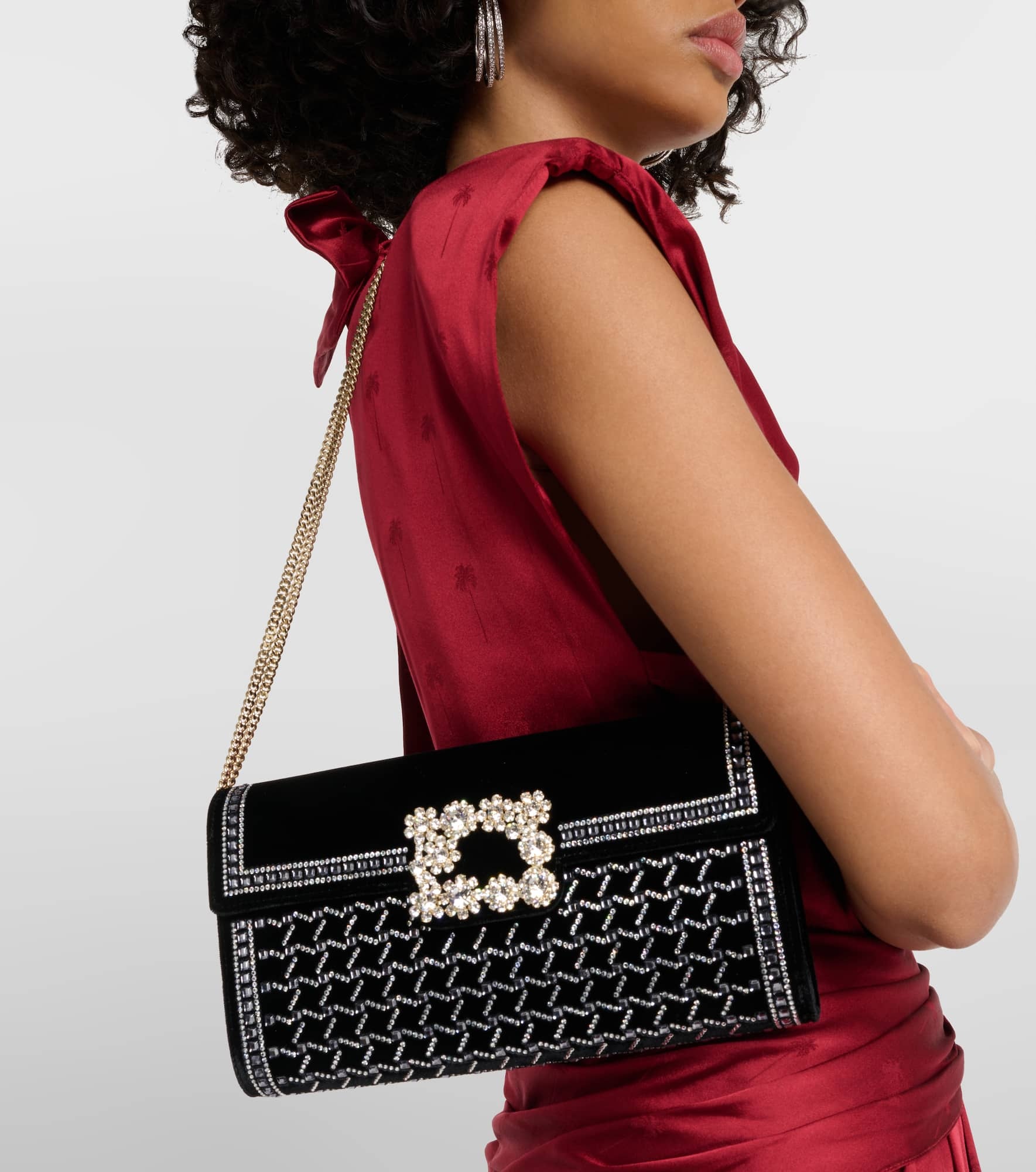 Flower Strass embellished velvet clutch - 3