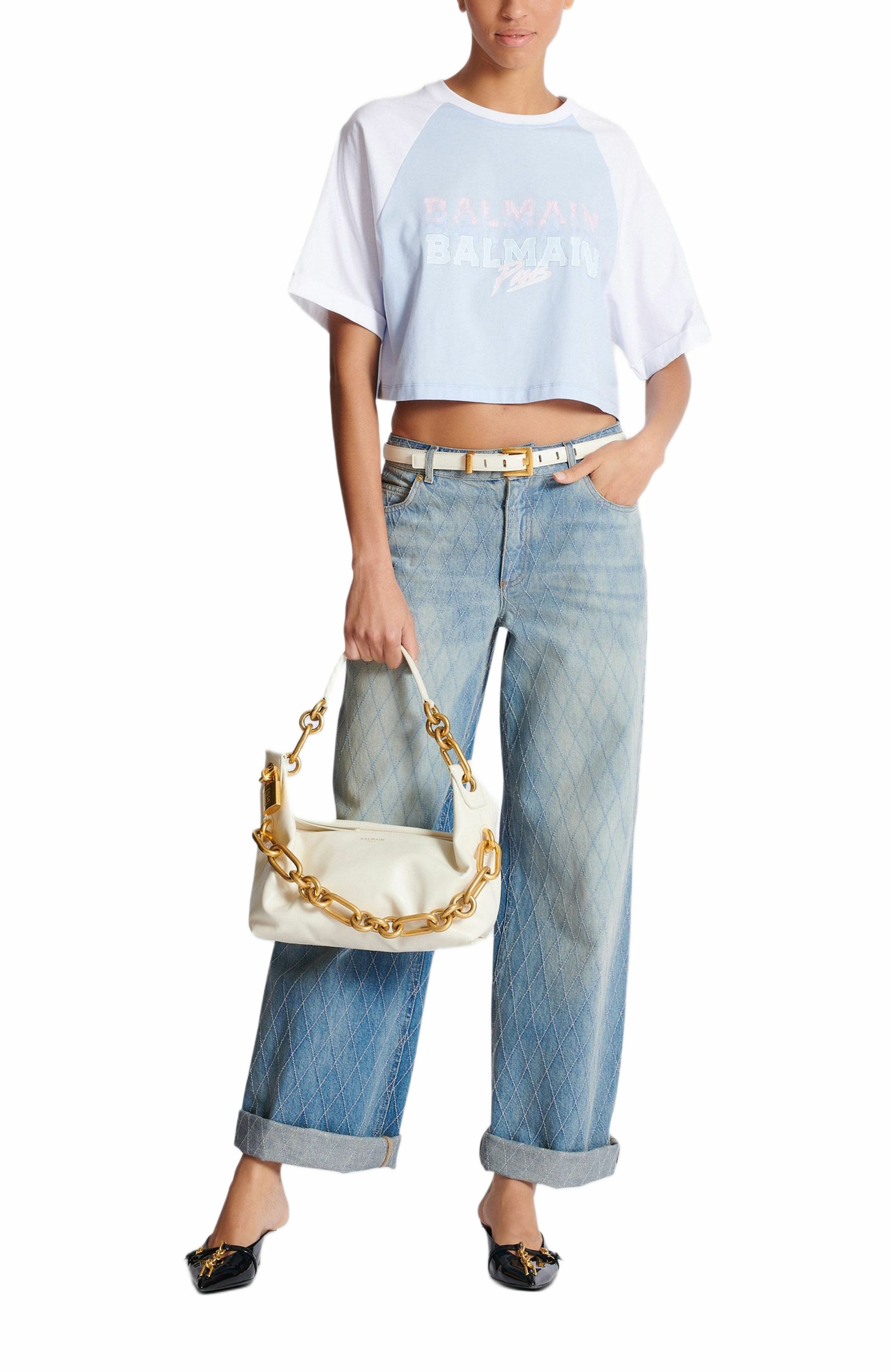 Cropped T-shirt with Balmain Paris print in Blue at Nordstrom - 2