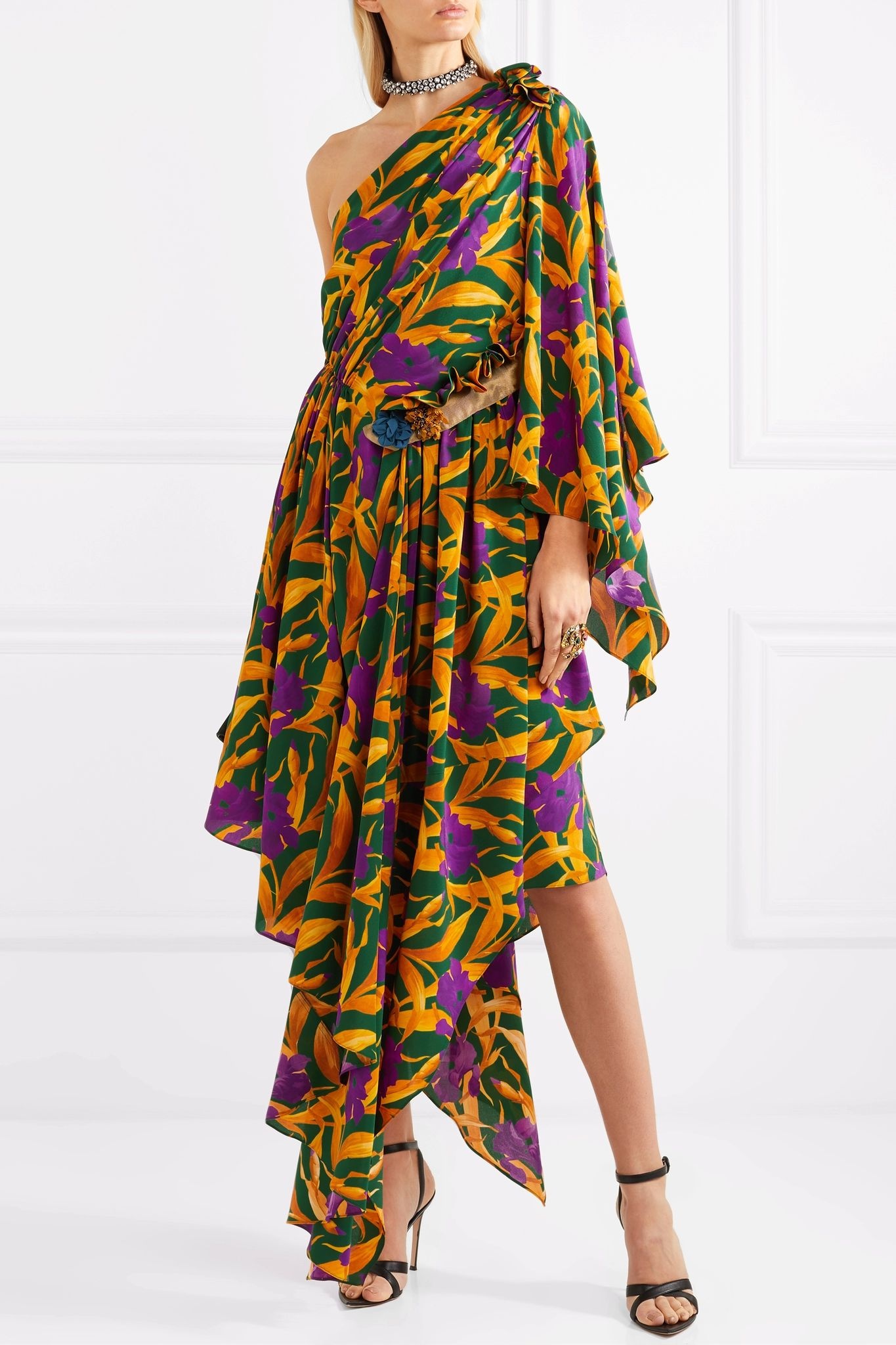 One-shoulder appliquéd printed silk crepe de chine dress - 2