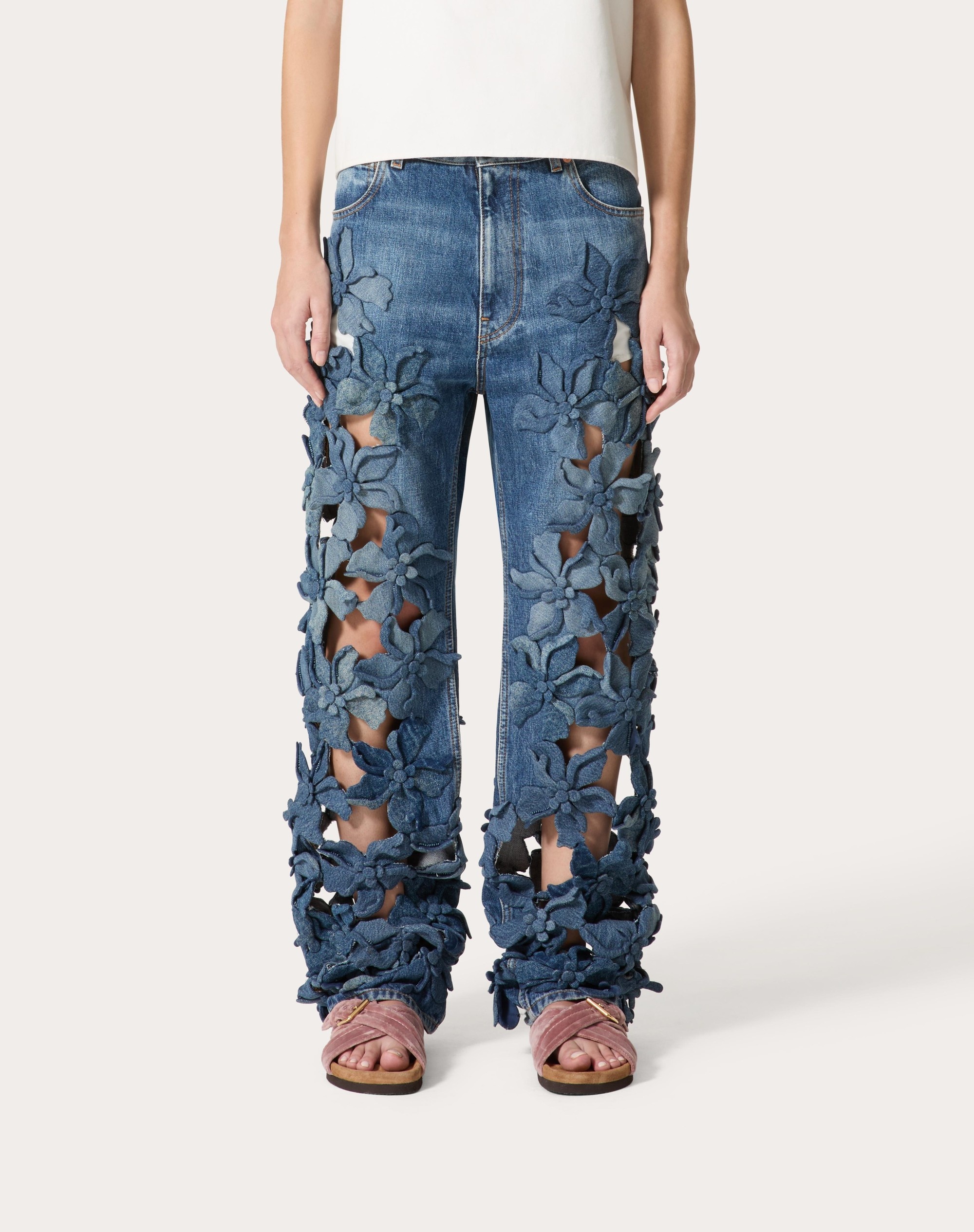 EMBROIDERED MEDIUM BLUE DENIM PANTS - 3