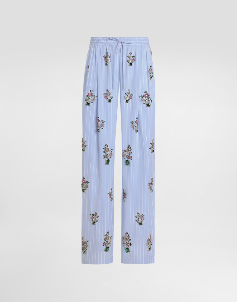 Striped poplin trousers with crystal flower embroidery 1