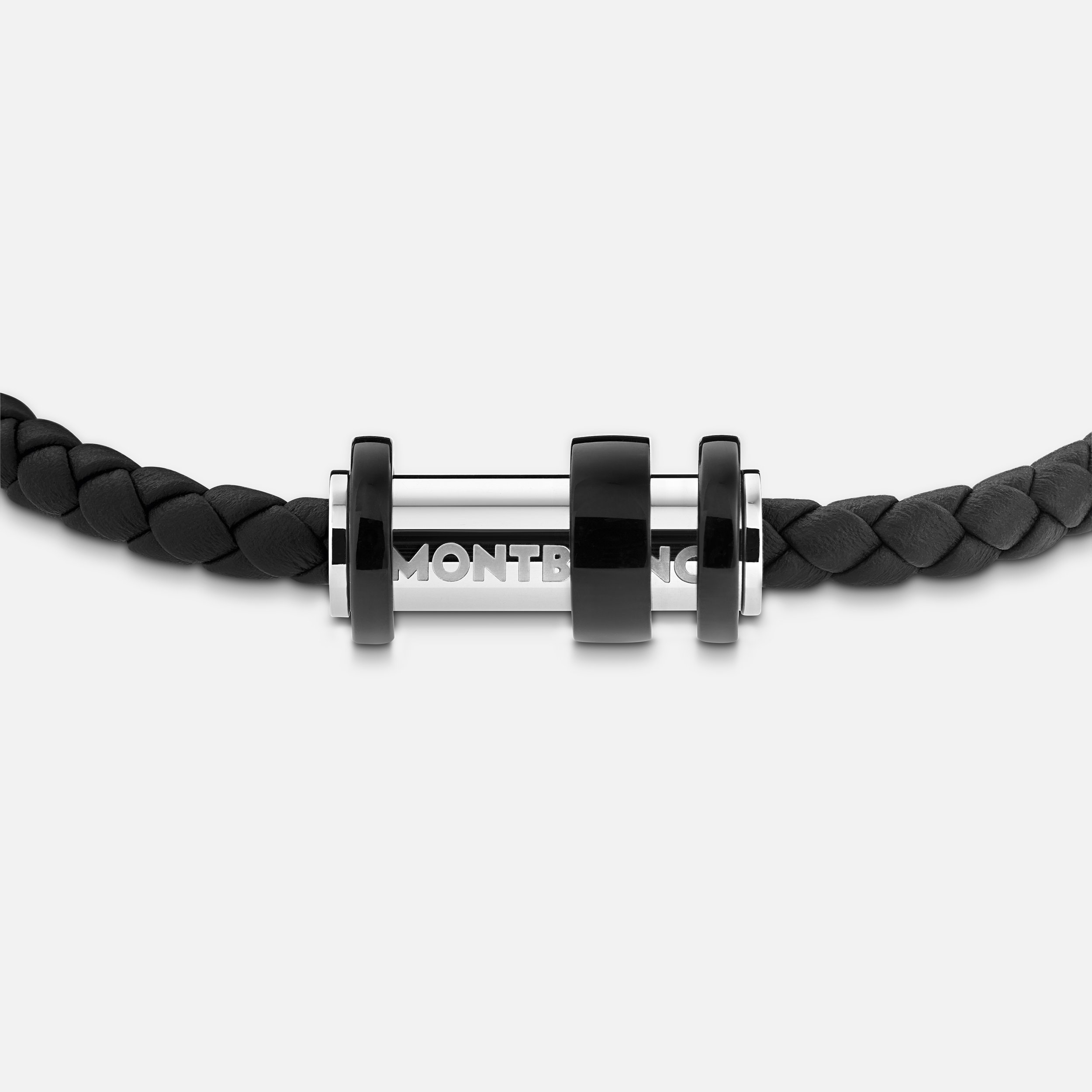 Bracelet in woven black leather with steel closing, black PVD finish and three rings - 2