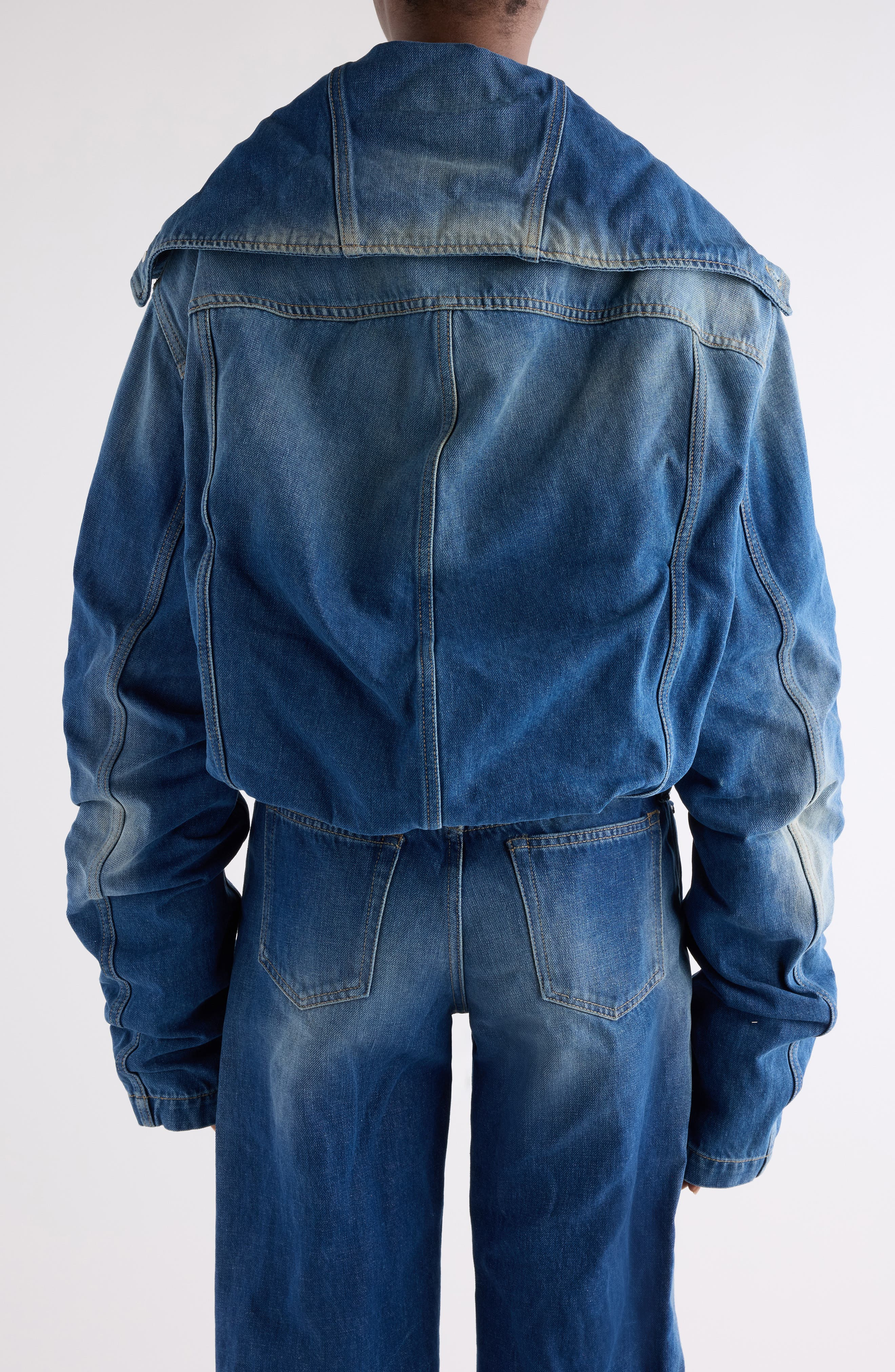 Acne Studios Orim Ruched Sleeve Denim Jacket in Mid Blue at Nordstrom - 3