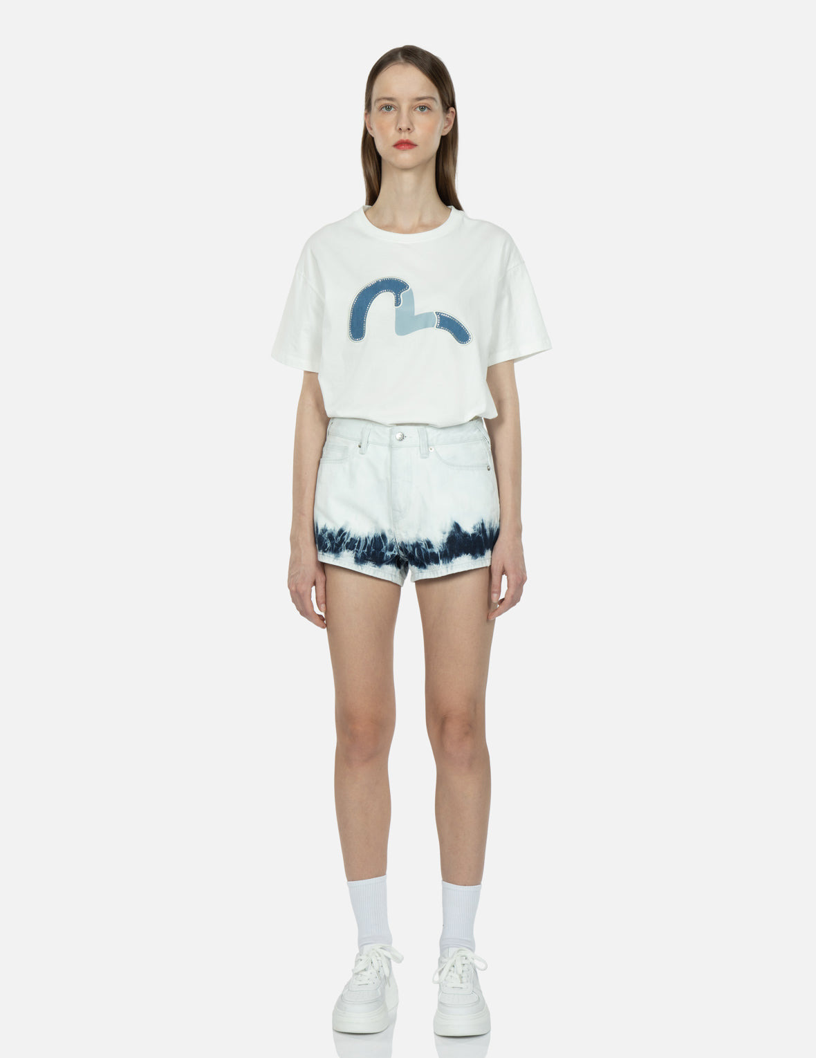 SEAGULL EMBROIDERY BLEACH TIE-DYE DENIM SHORTS - 5