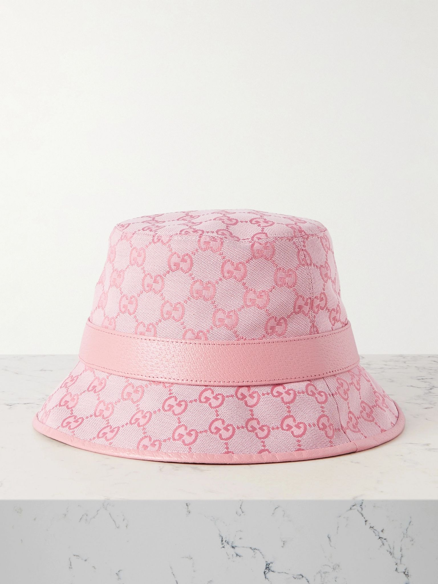 Leather-trimmed cotton-blend canvas-jacquard bucket hat Pink - 3