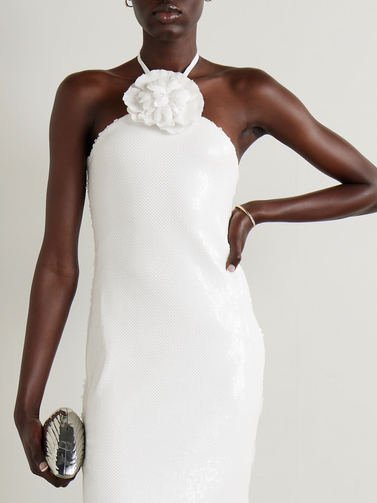 Embellished sequined tulle halterneck gown White - 5
