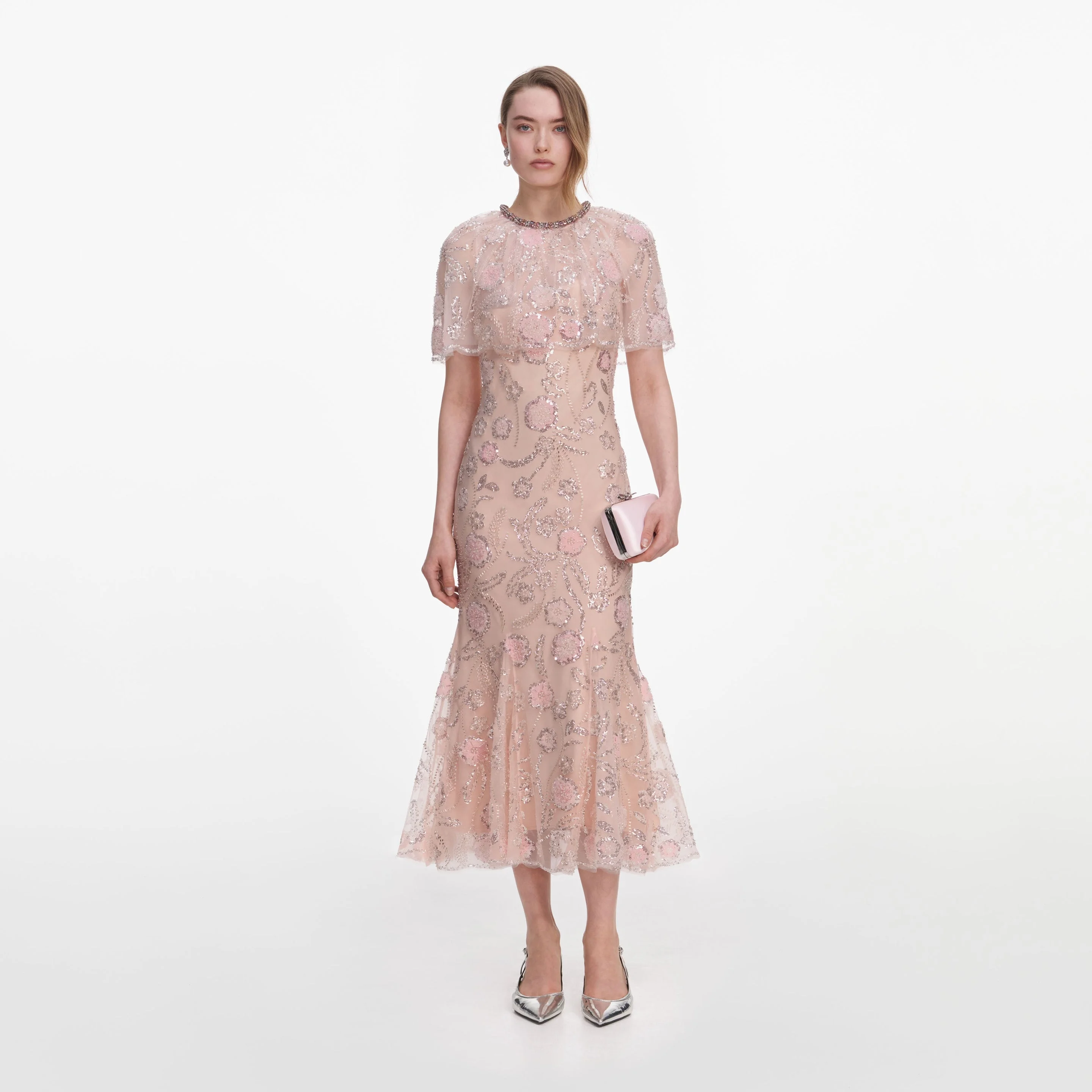 Pink Embellished Cape Midi Dress - 1