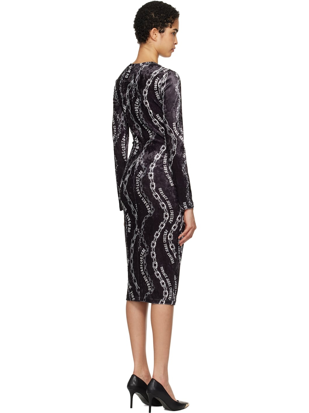 Black Chain Couture Velvet Midi Dress - 3