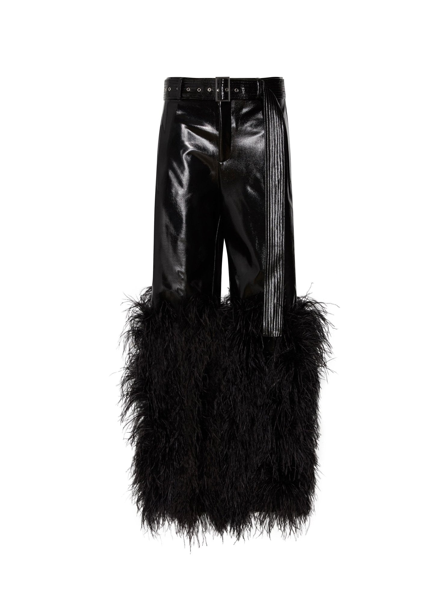 Patent Faux Leather Belted Trouser With Feathers - 2