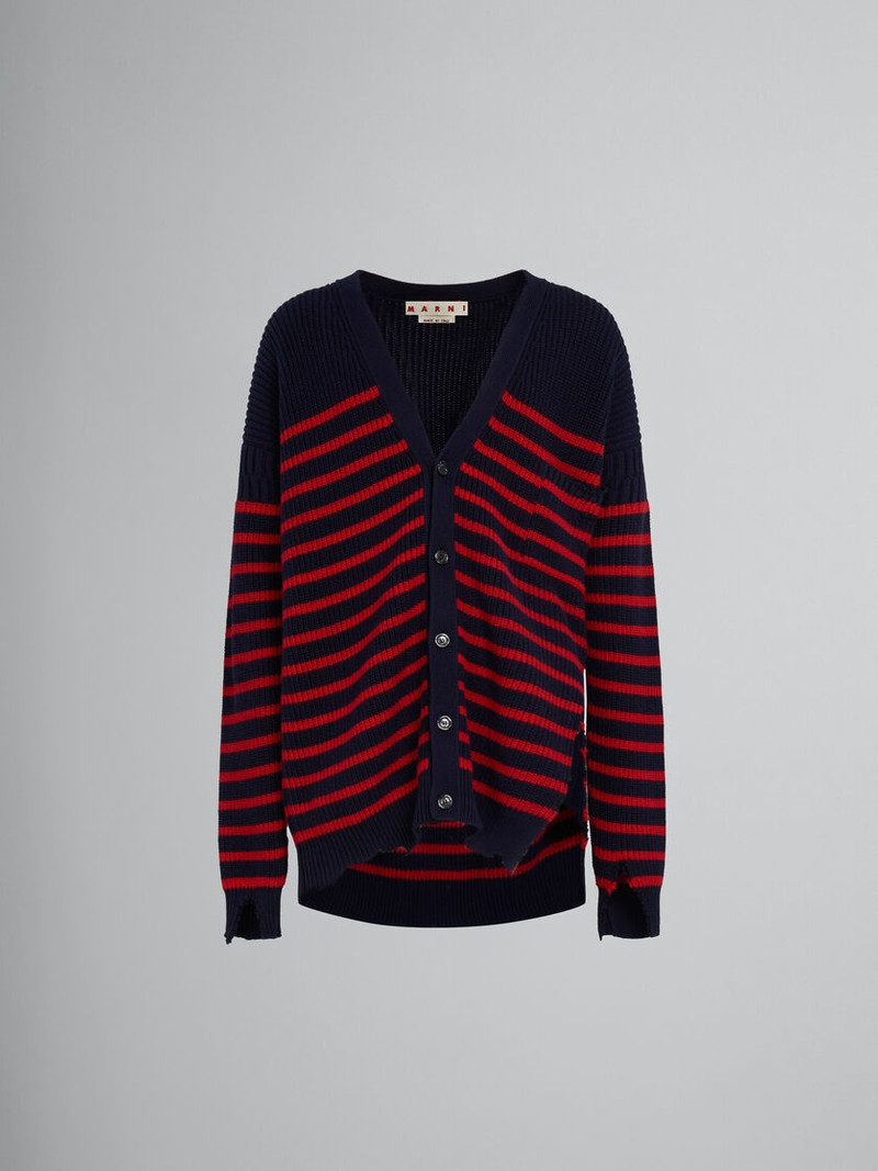 BLUE WOOL AND COTTON STRIPED FISHERMAN CARDIGAN - 1
