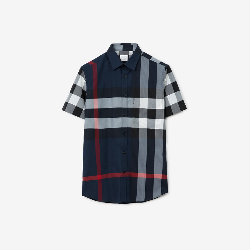 Short-sleeve Check Stretch Cotton Poplin Shirt - 1