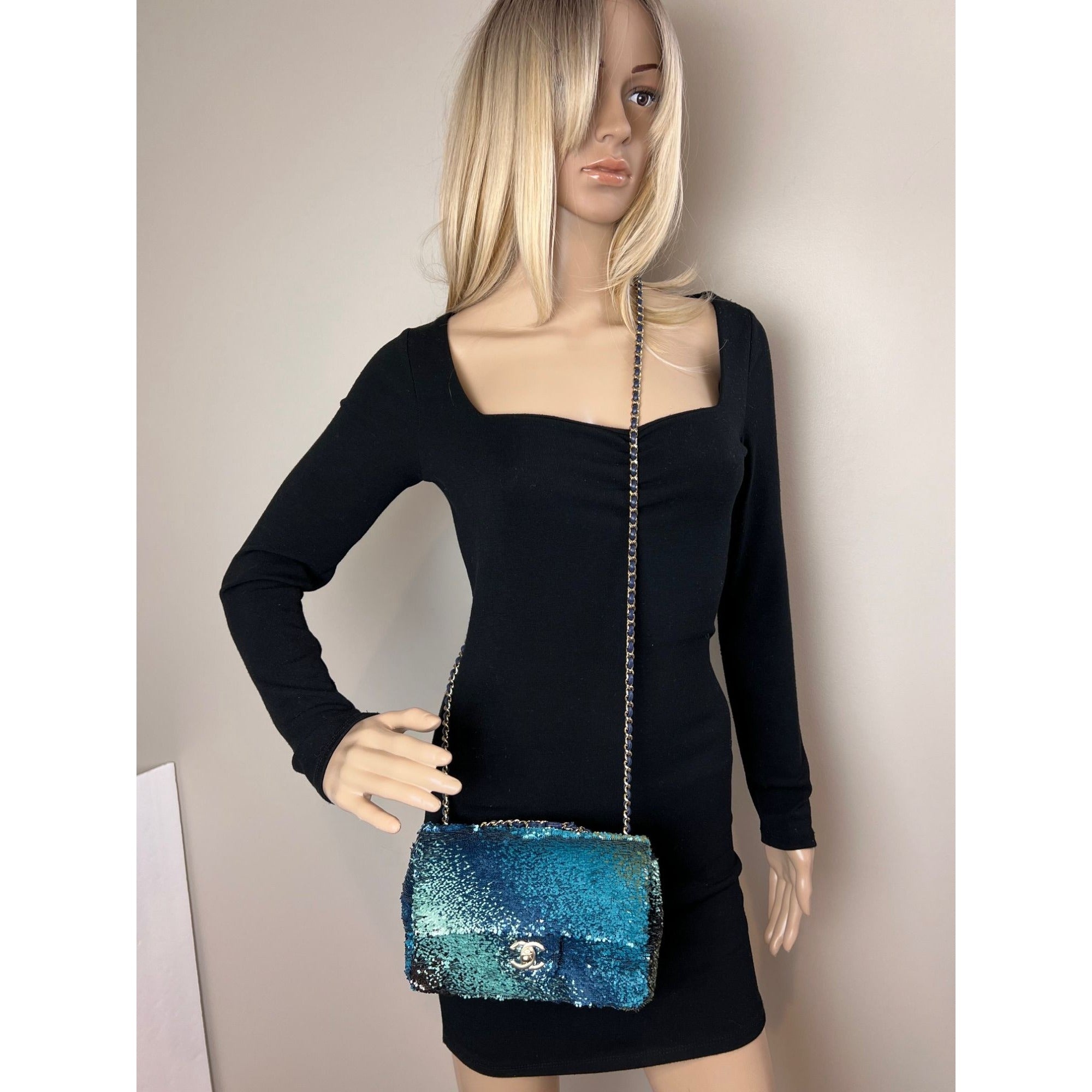 Chanel Shaded Sequins Mini Flap Green, Blue, black Shoulder Bag - 14