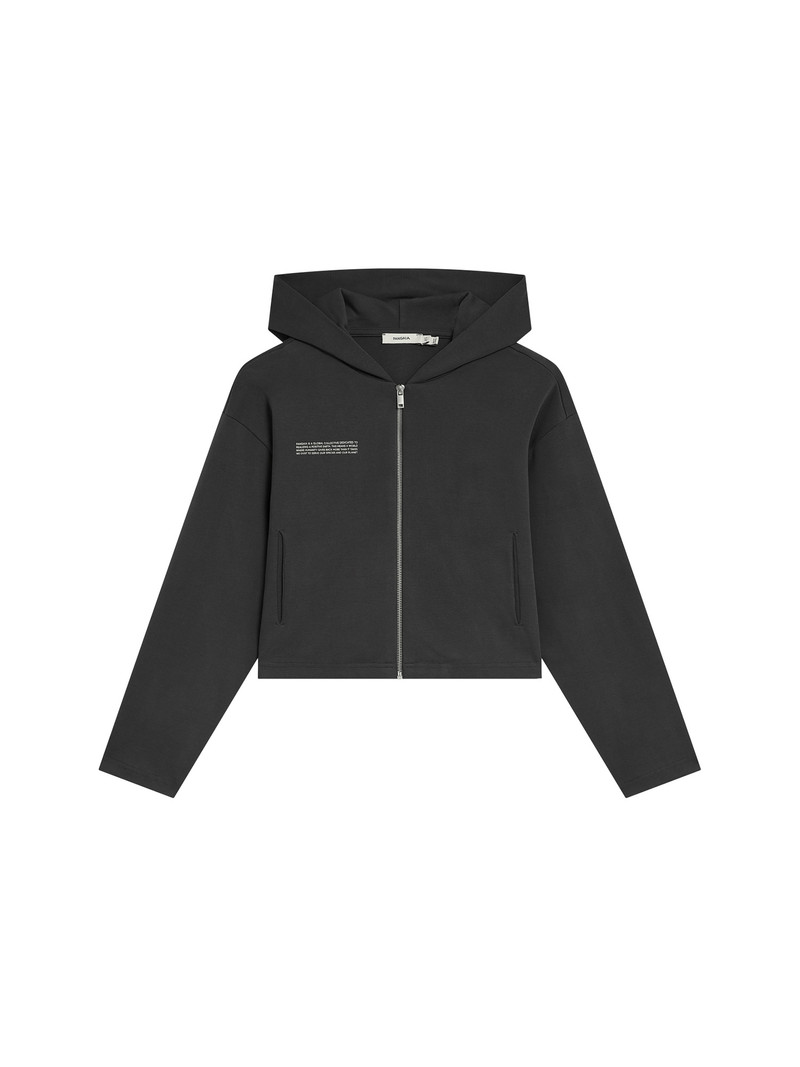 Womens Double Jersey Cropped Zip Up Hoodie - Smoked Black 1