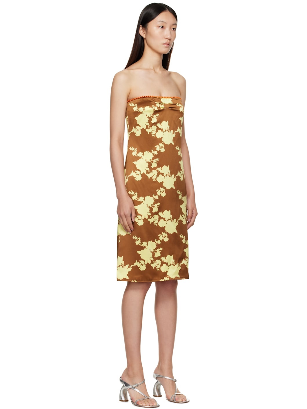 Brown & Yellow Wild Roses Strapless Midi Dress - 2