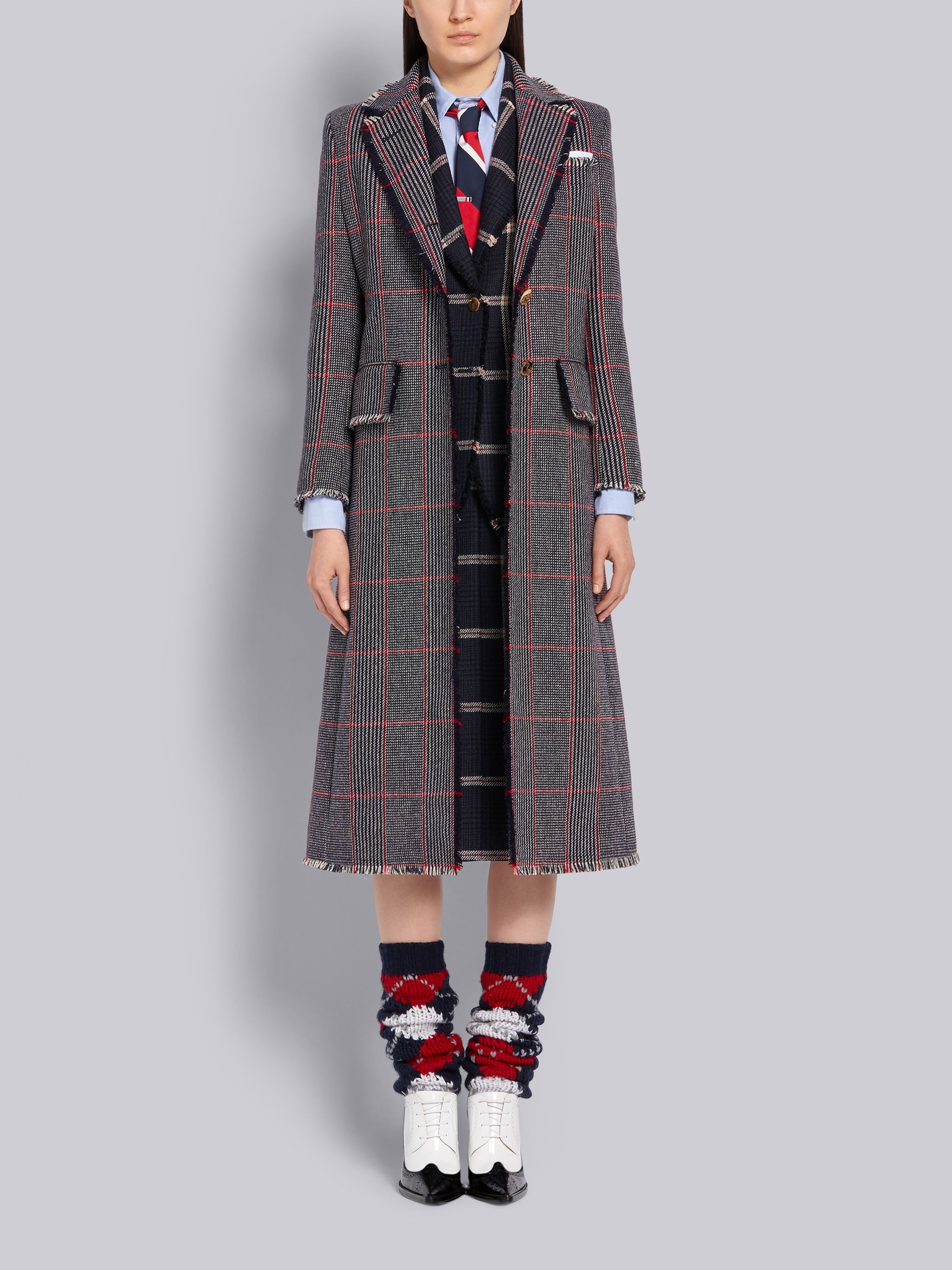 Tricolor Oversized Check Hunting Wool Tweed Frayed Wide Lapel Overcoat - 4