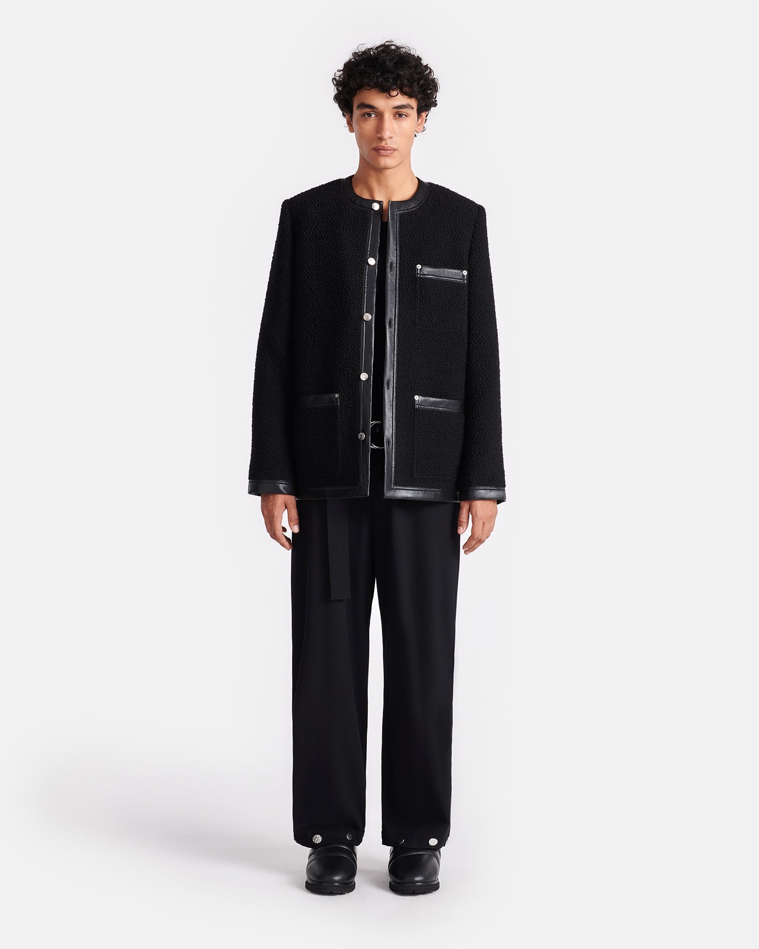 Leather-Trimmed Boucle Tweed Jacket - 4
