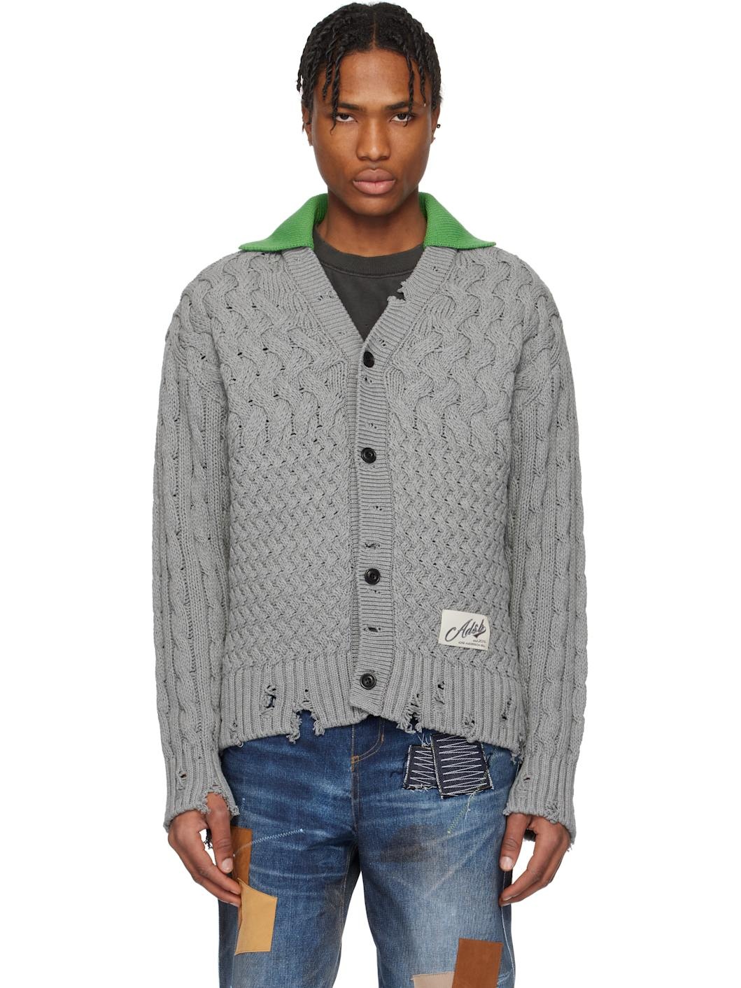 Gray Green Collar V-Neck Cardigan - 1