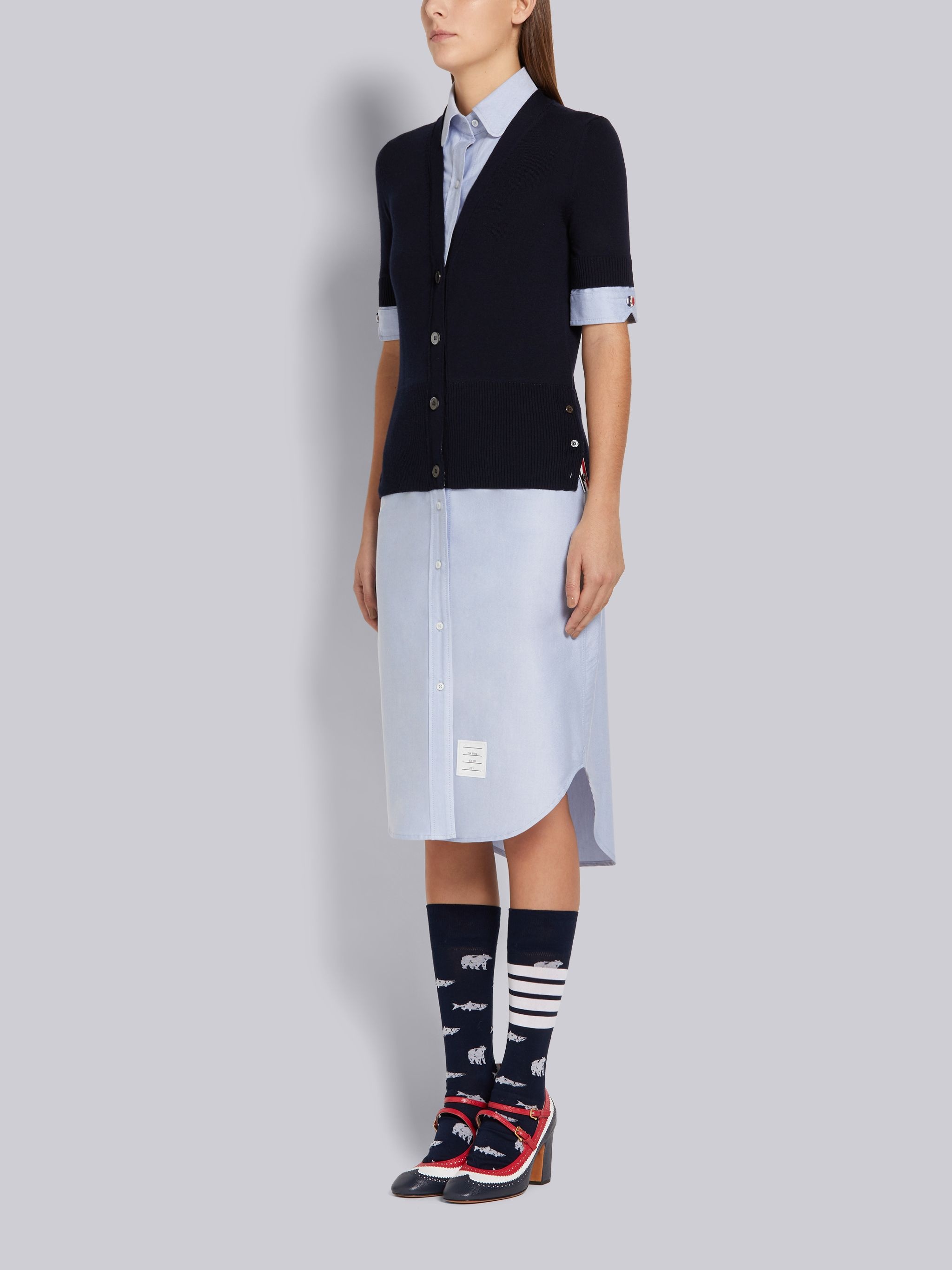Light Blue Oxford and Fine Merino Wool V-Neck Pullover Combo Shirtdress - 2