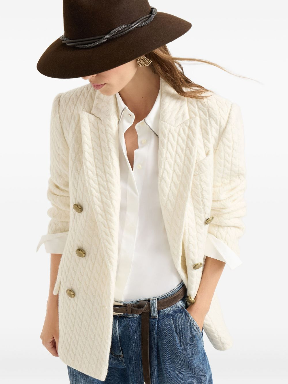 cable knit double-breasted blazer - 4