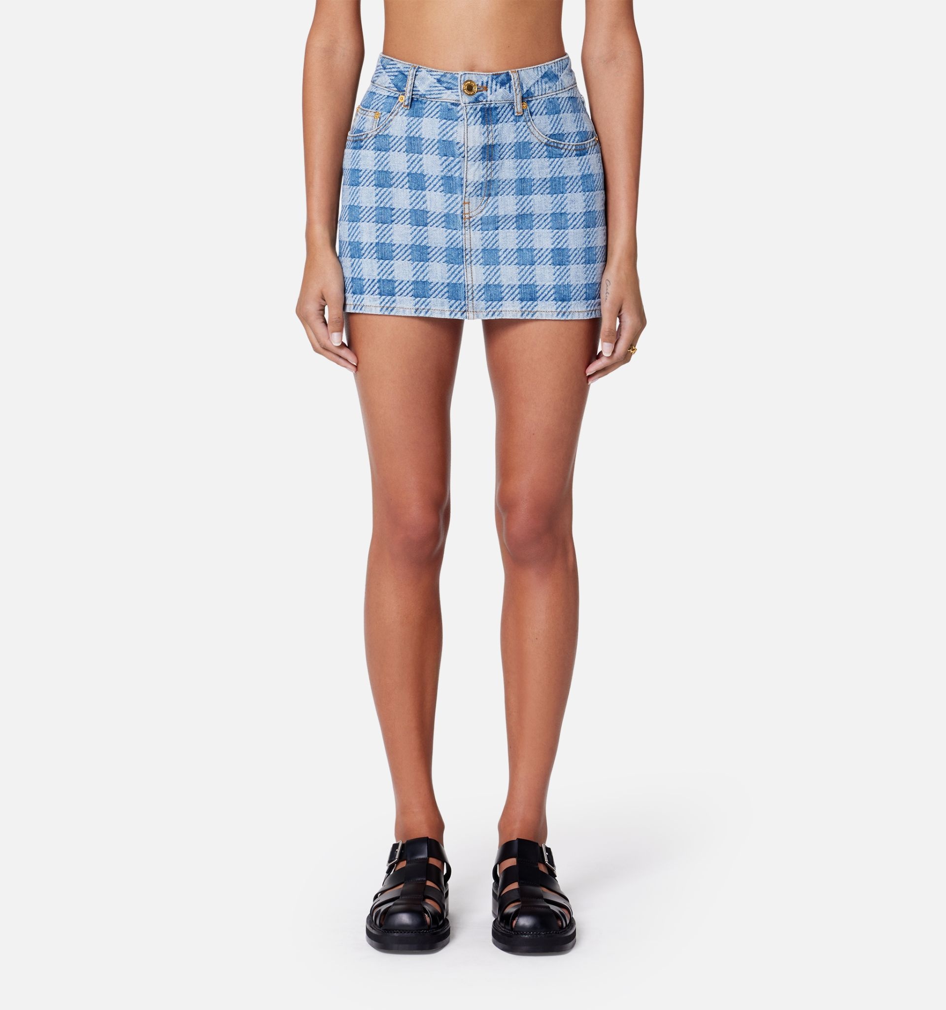 Gingham Pattern Jacquard Denim Mini Skirt - 2