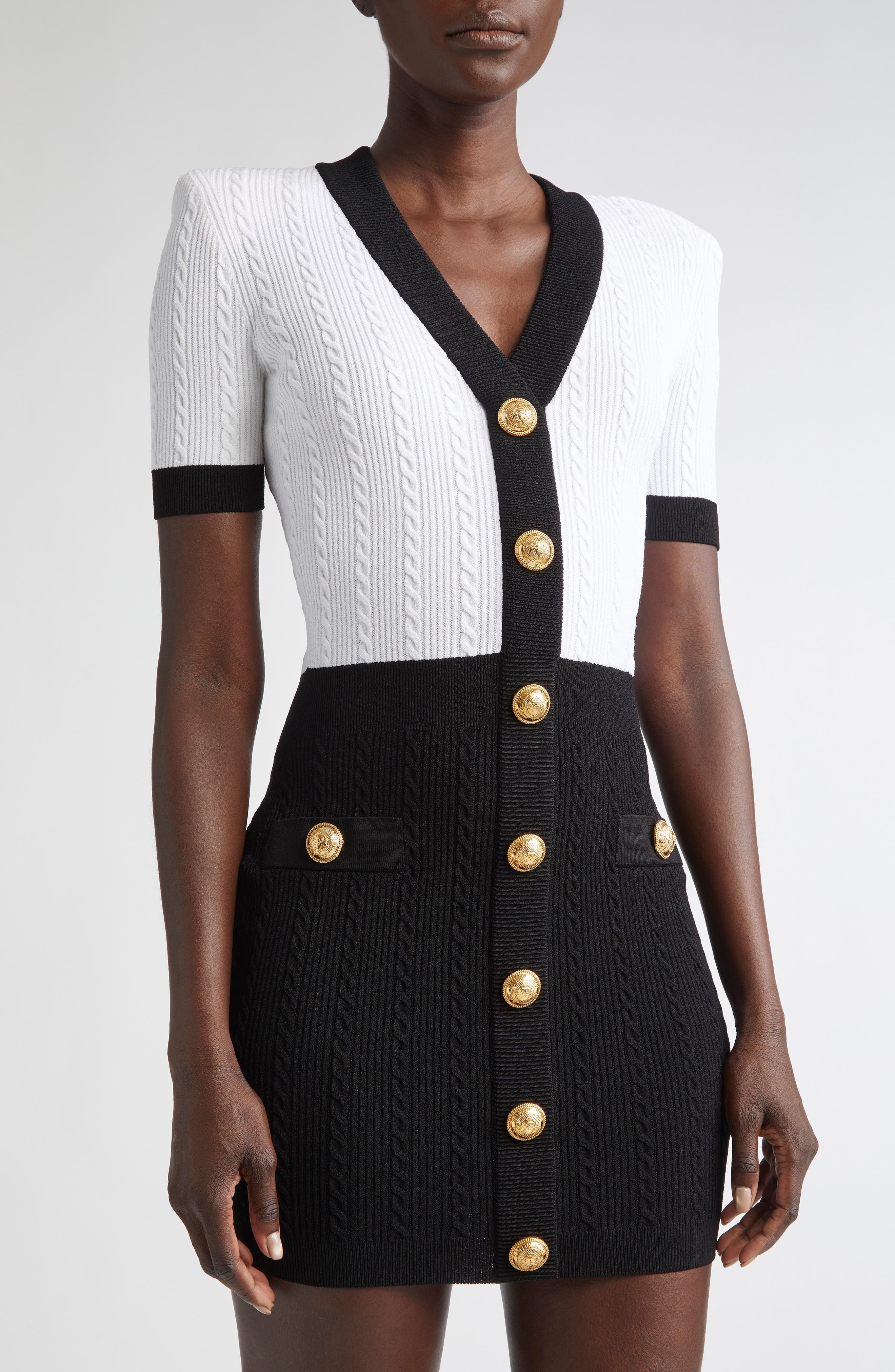Balmain Colorblock Twisted Cable Knit Sweater Dress in Eab Blk/White at Nordstrom - 4