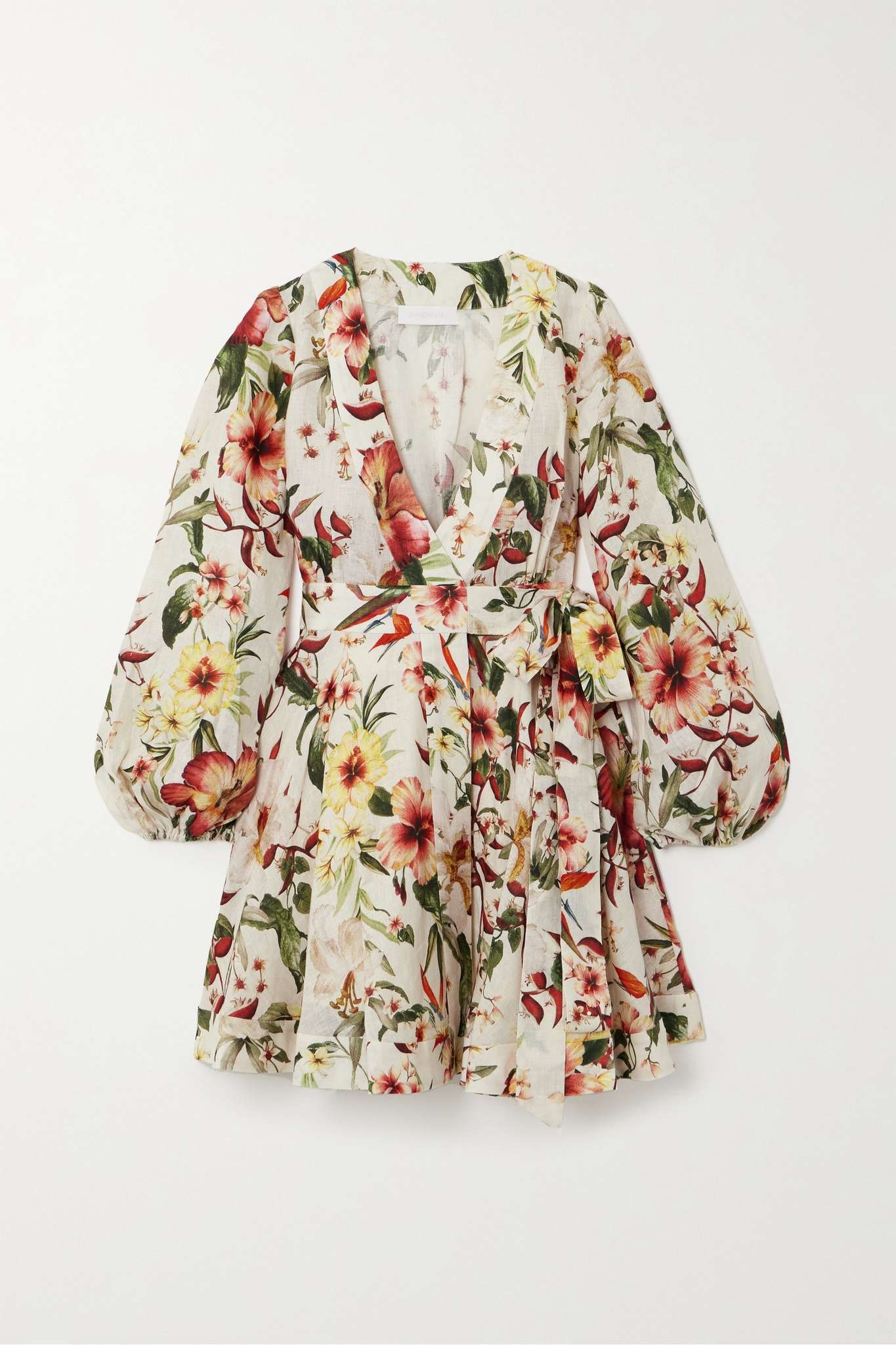 Lexi belted floral-print linen mini wrap dress - 1