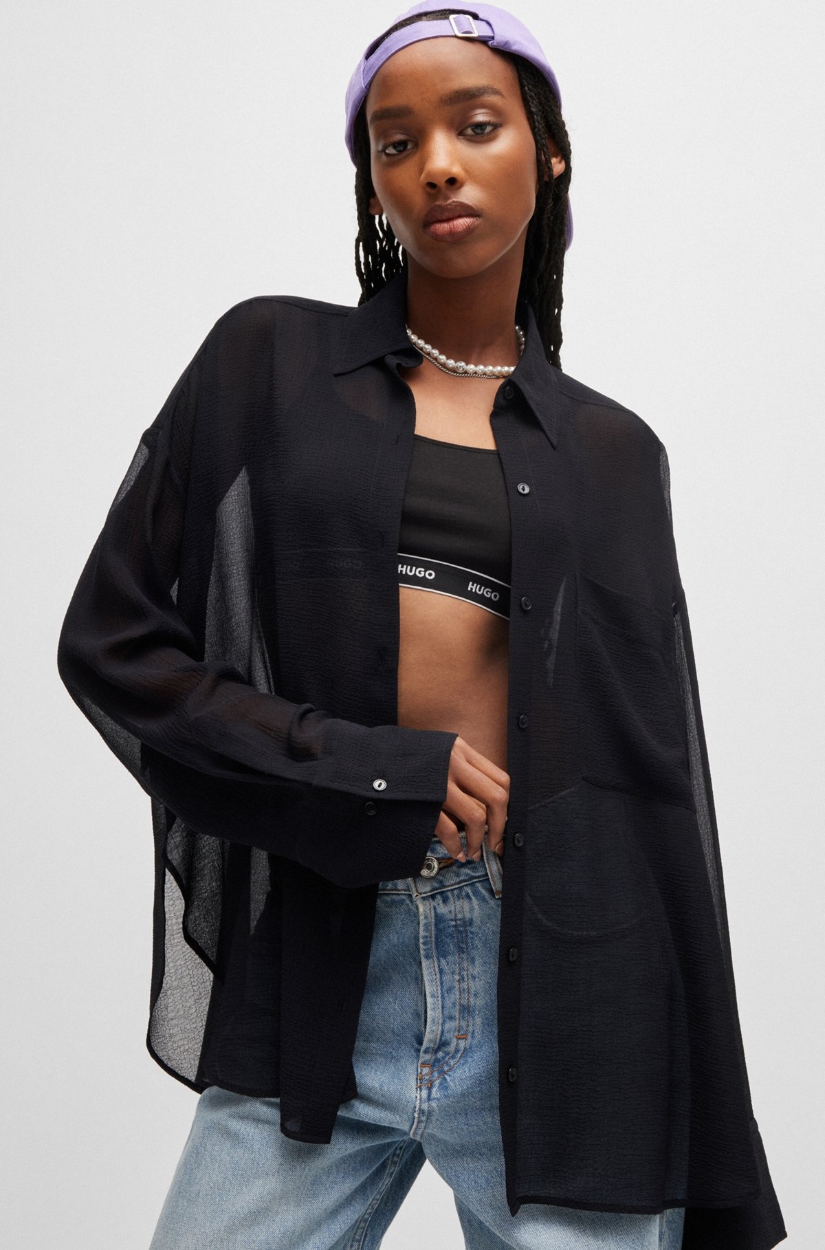 OVERSIZE-FIT BLOUSE IN SHEER SEERSUCKER WITH POINT COLLAR - 6