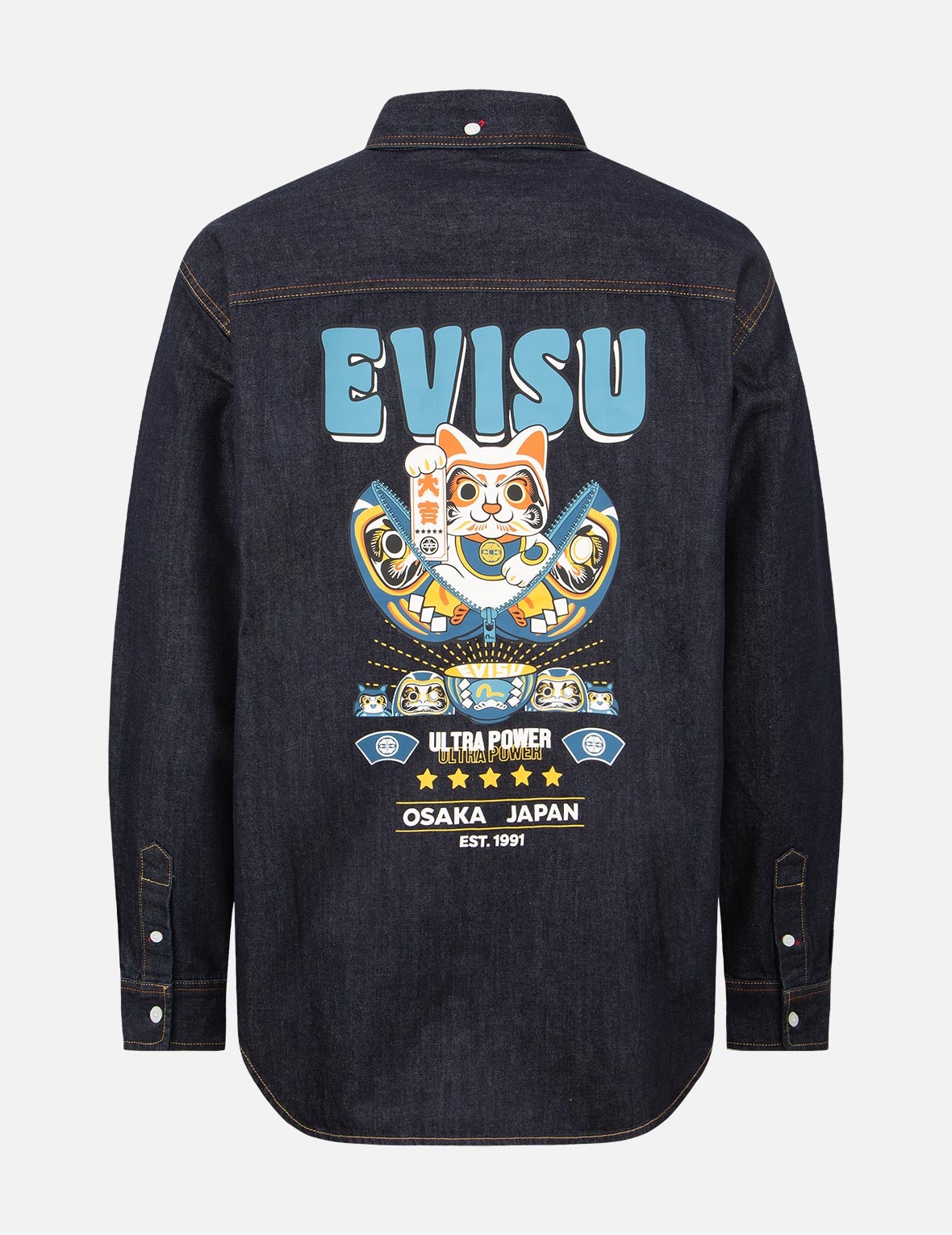 ZIP-UP DARUMA AND FORTUNE CAT PRINT DENIM SHIRT - 2