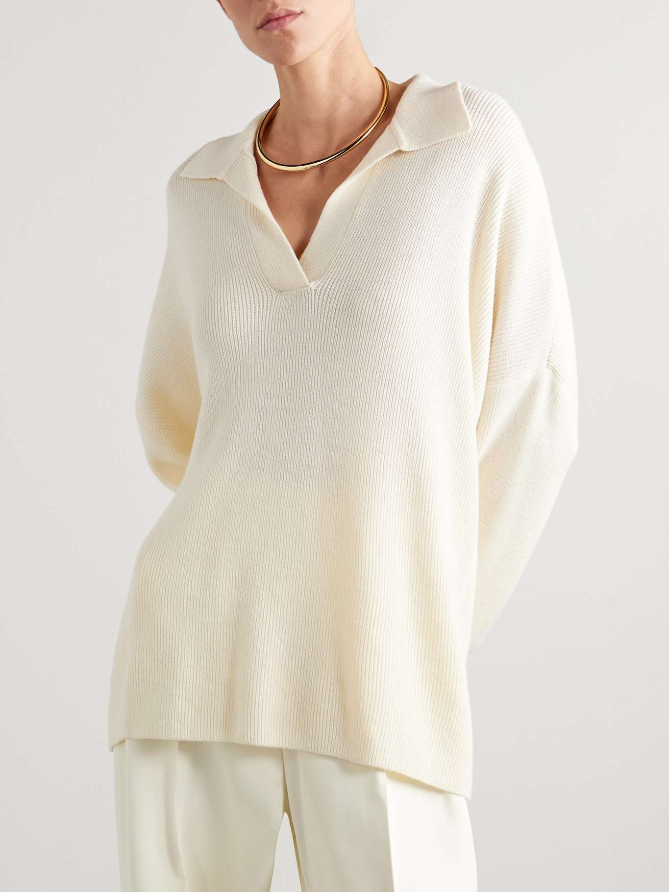 Louise ribbed merino wool and cashmere-blend polo sweater Ivory - 3