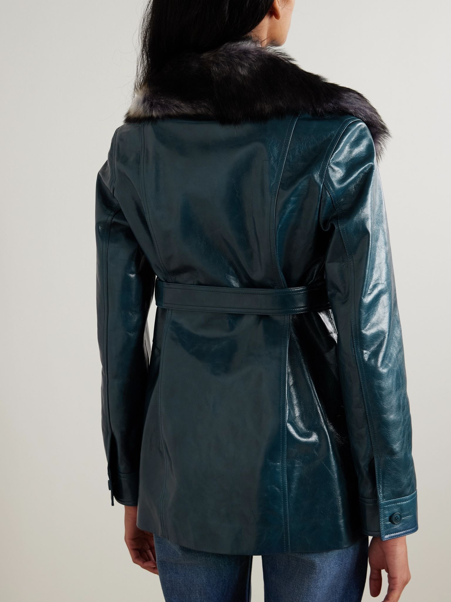 Belted shearling-trimmed paneled textured-leather jacket Blue - 4