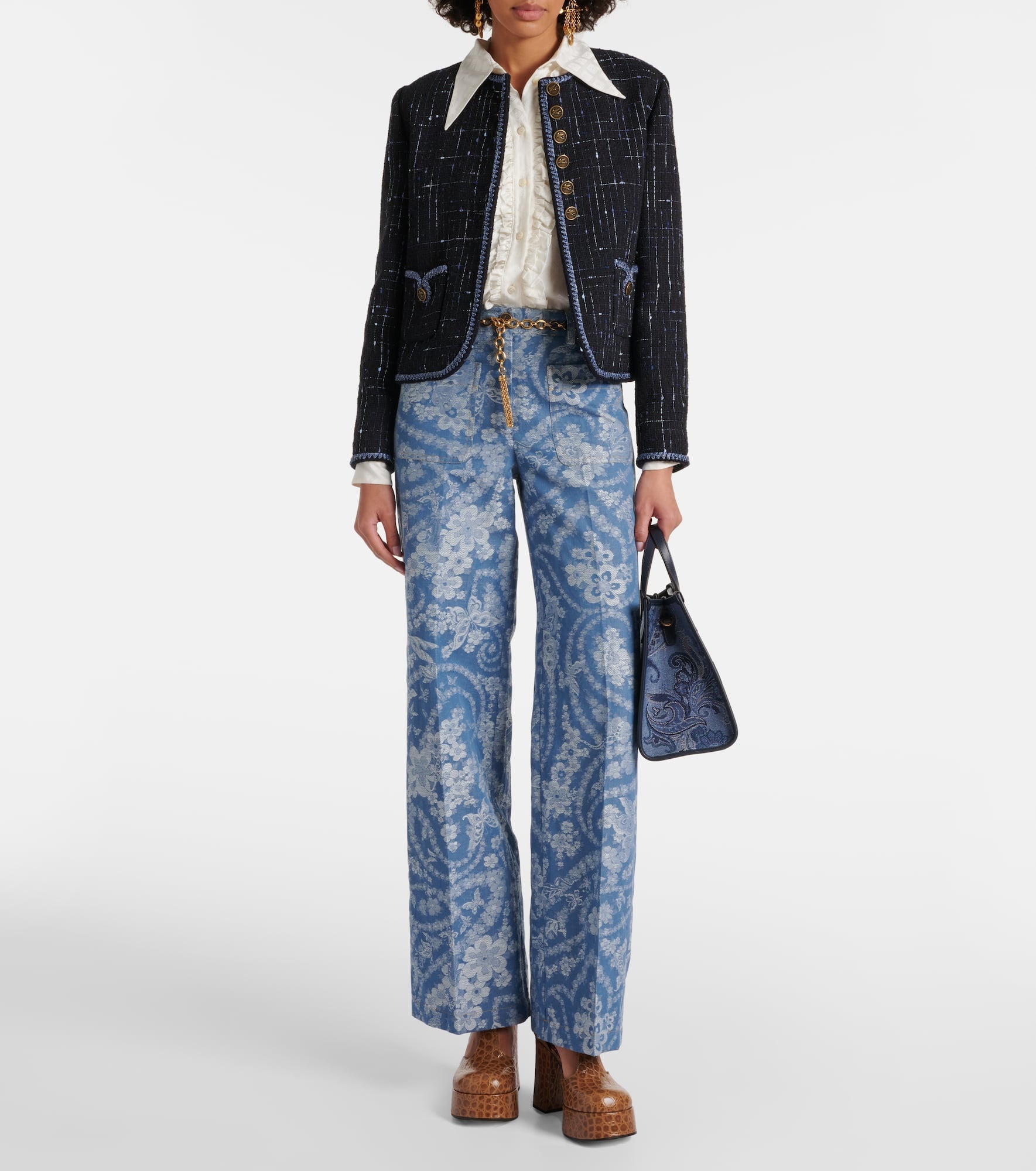 Printed cotton and linen wide-leg pants - 2