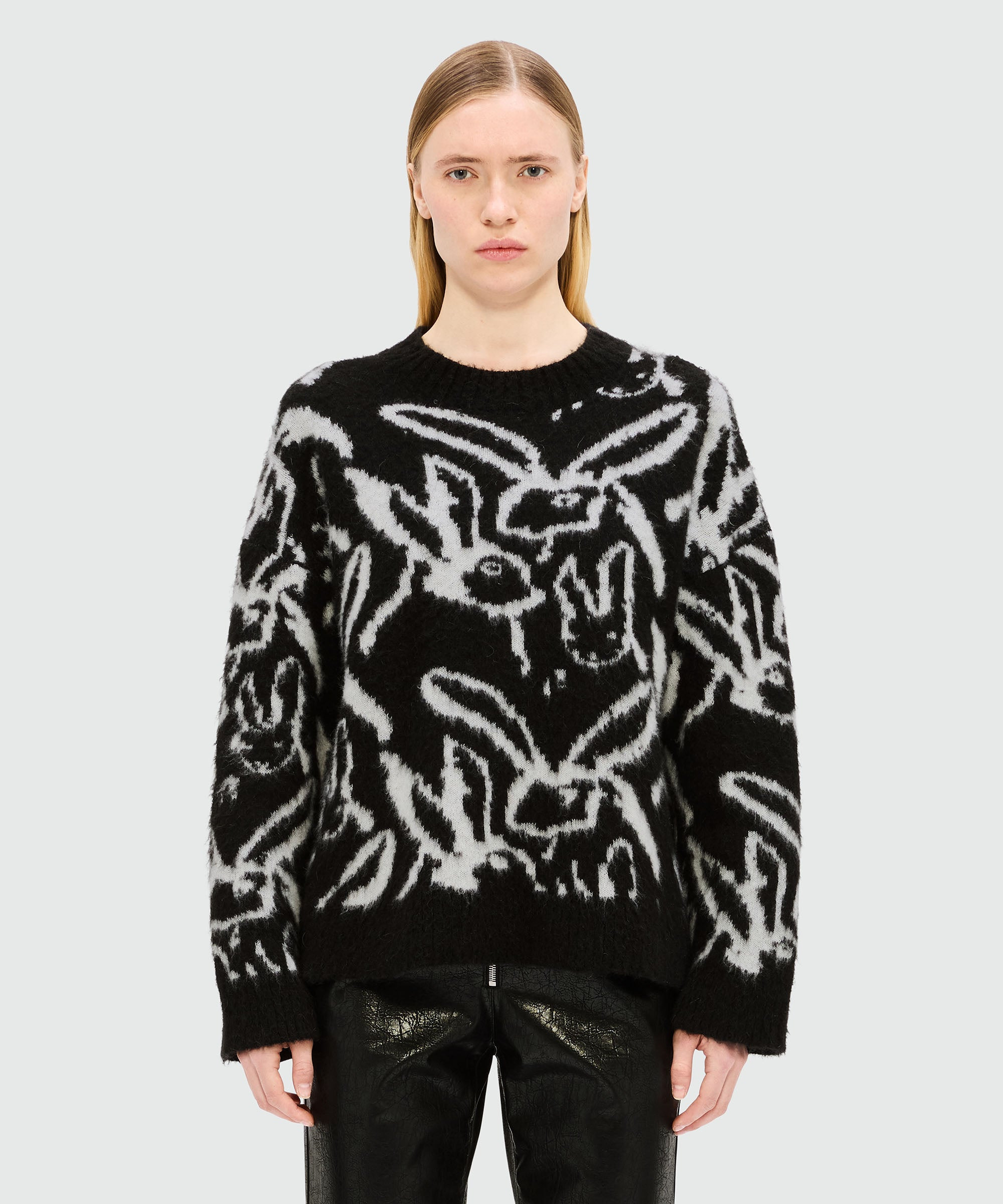 Black brushed mohair sweater with "Sketched Bunnies" jacquard pattern - 2