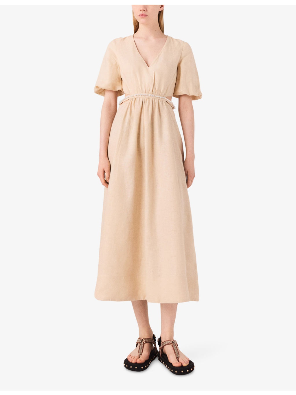 V-Neck Cut-Out Linen Maxi Dress - 2