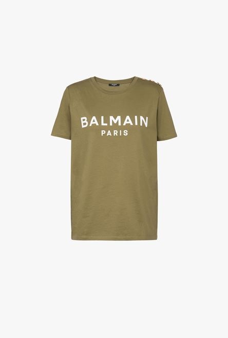 Khaki eco-designed cotton T-shirt with white Balmain logo print - 1