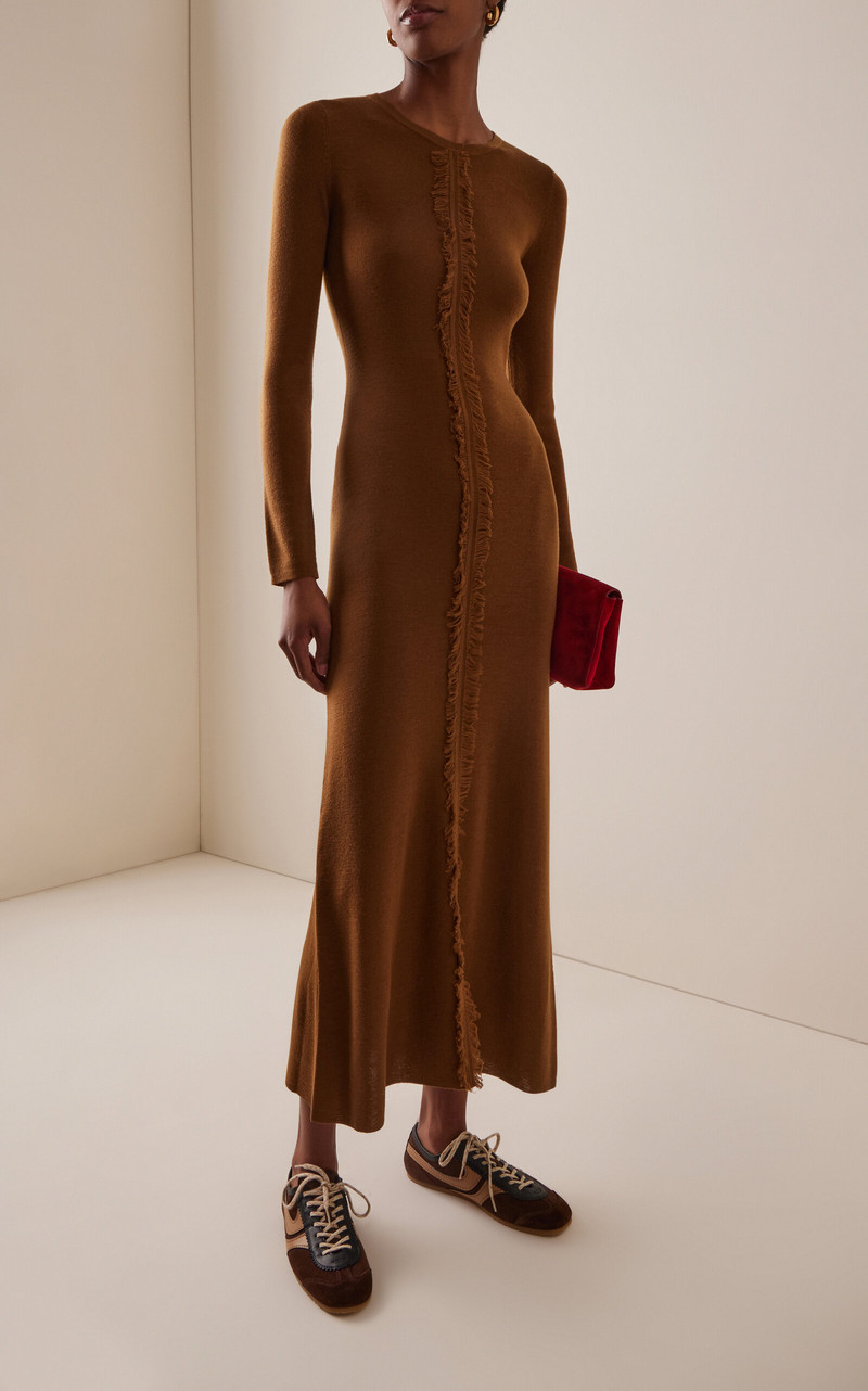 ZANKOV Exclusive Rowen Fringed Wool Midi Dress brown outlook