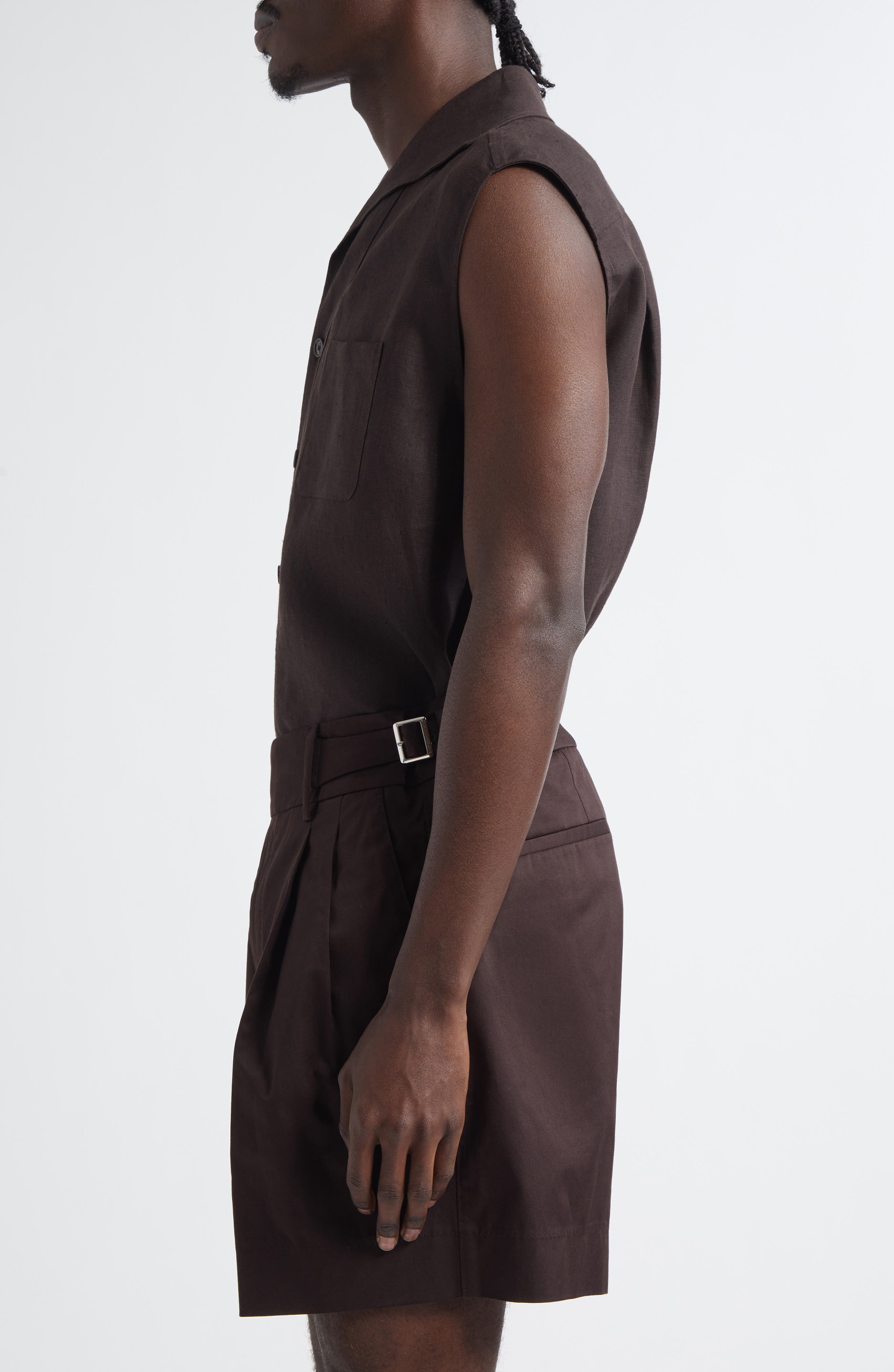 Dolce&Gabbana Sleeveless Linen Three-Button Shirt in M3977 Brown at Nordstrom - 4
