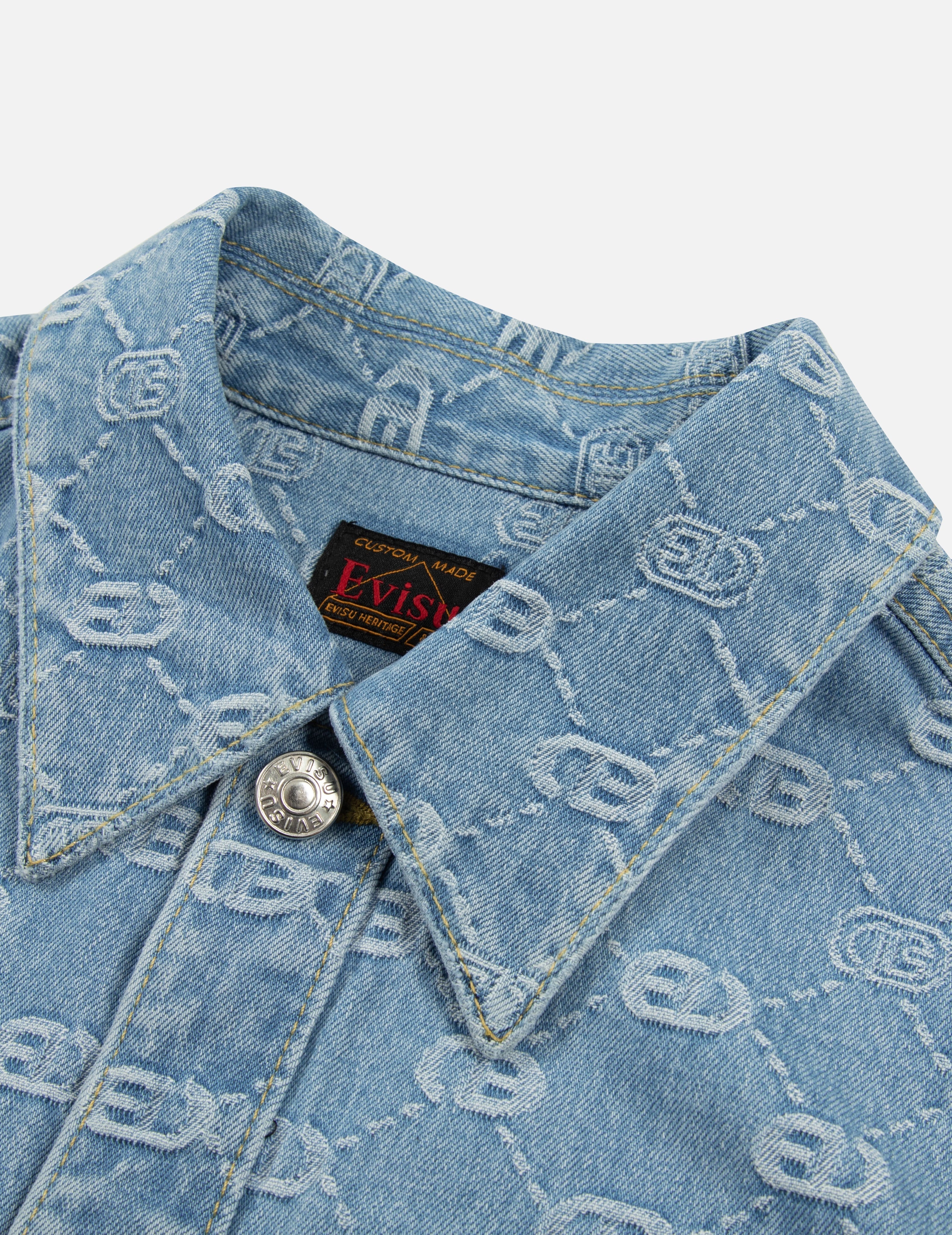 ALLOVER LOGO JACQUARD AND RHINESTONE SEAGULL FASHION FIT DENIM SHIRT - 7