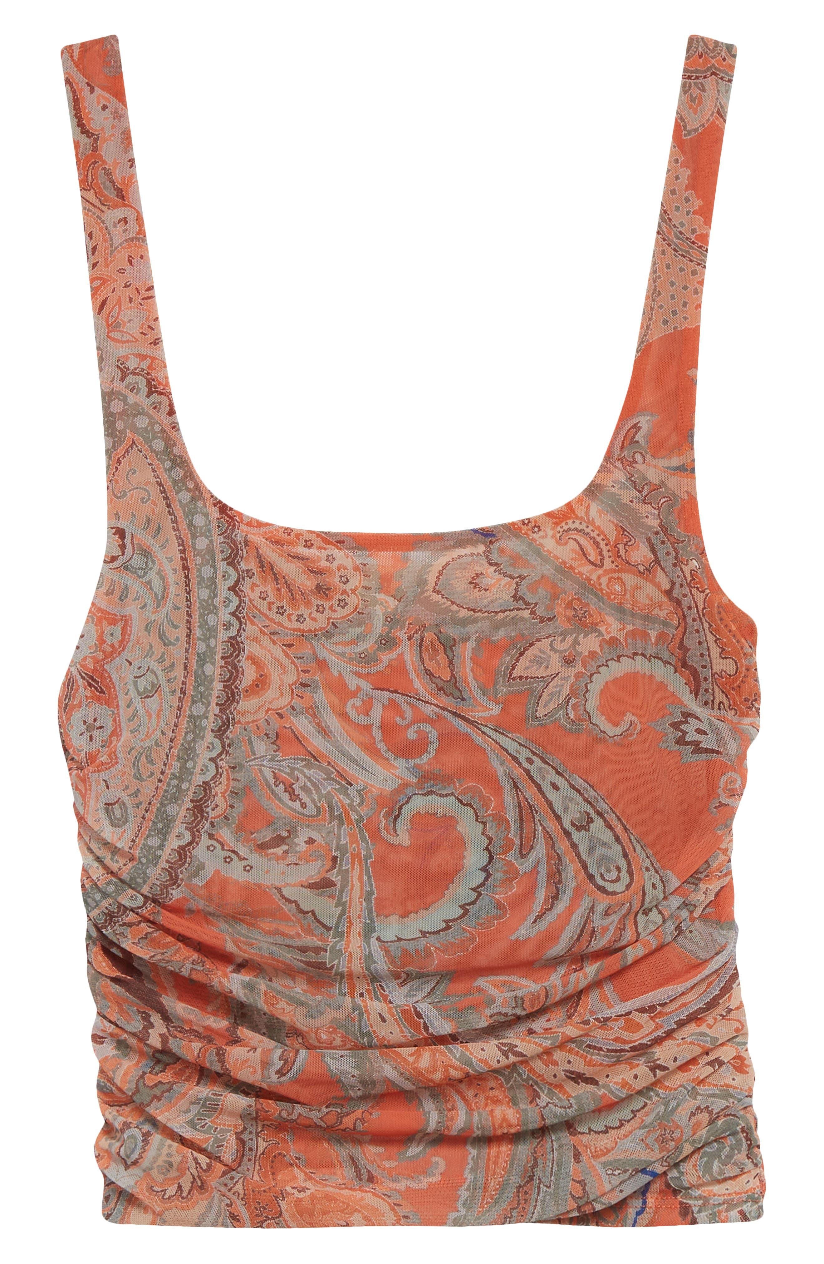 L'AGENCE Rasha Paisley Ruched Mesh Tank in Orange/Light Blue Paisley at Nordstrom - 6