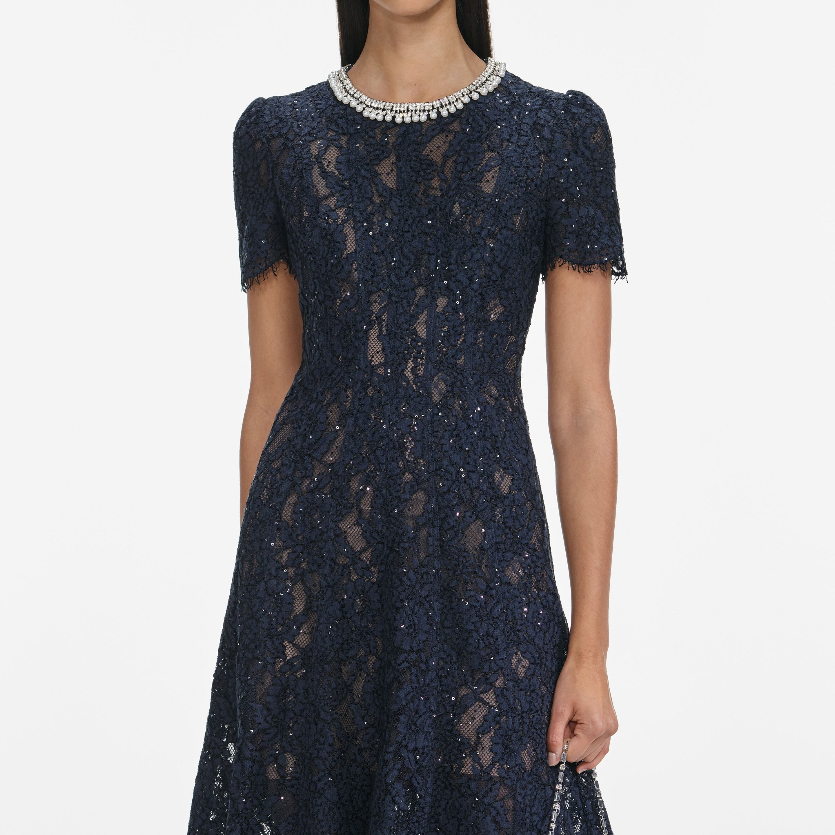 Navy Lace Embellished Midi Dress - 4