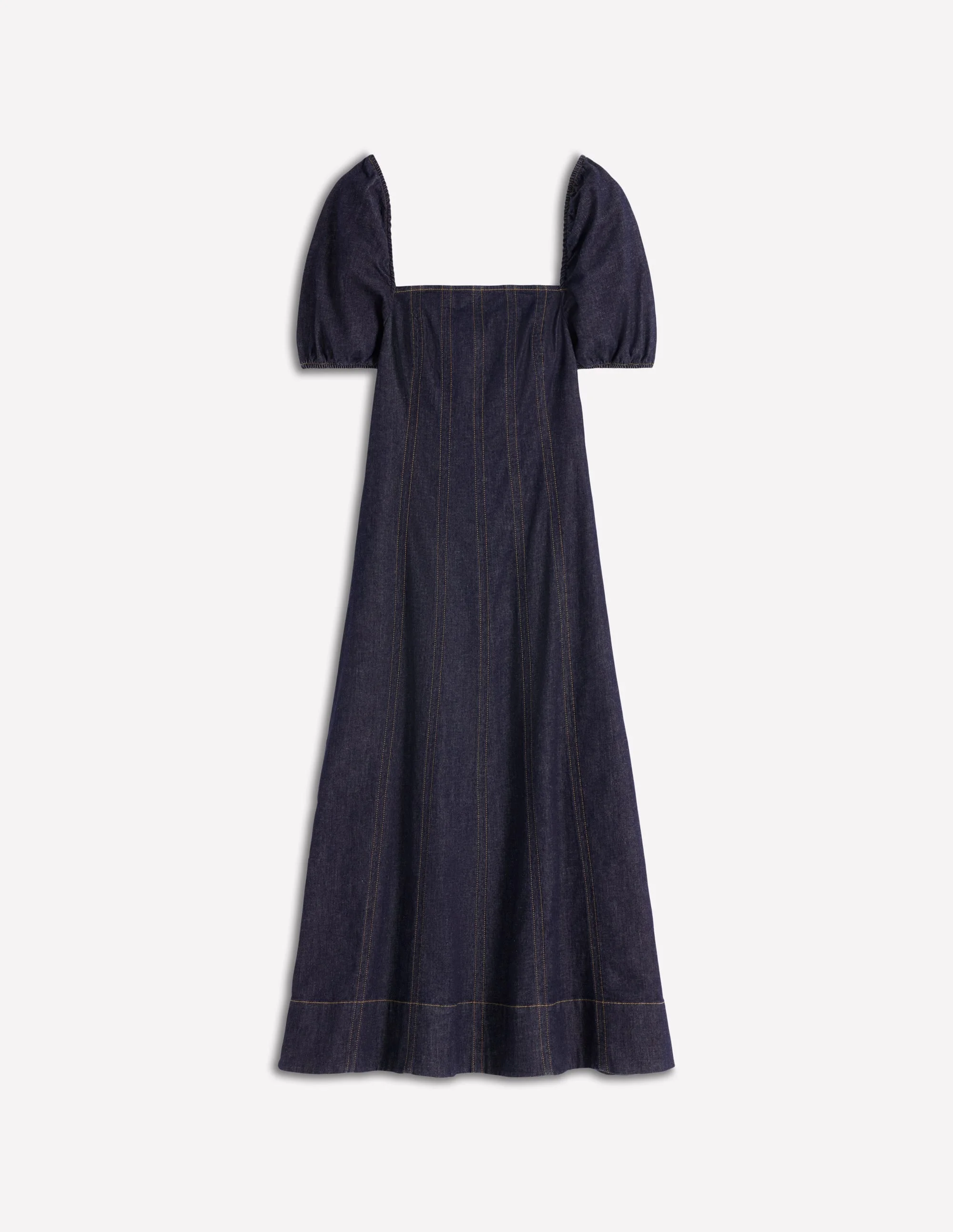 Puff Sleeve Denim Dress-Indigo - 1