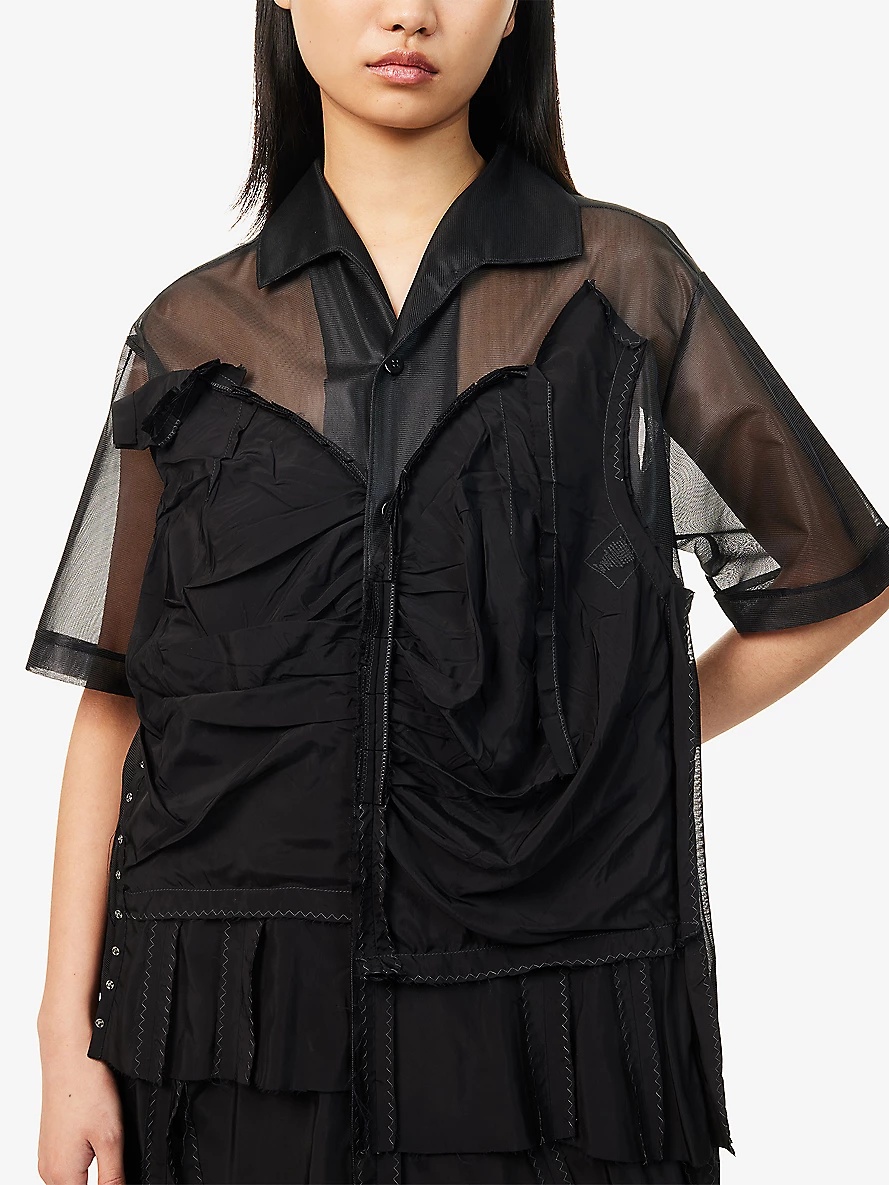 Mesh-Panels Short-Sleeves Woven Midi Dress - 5
