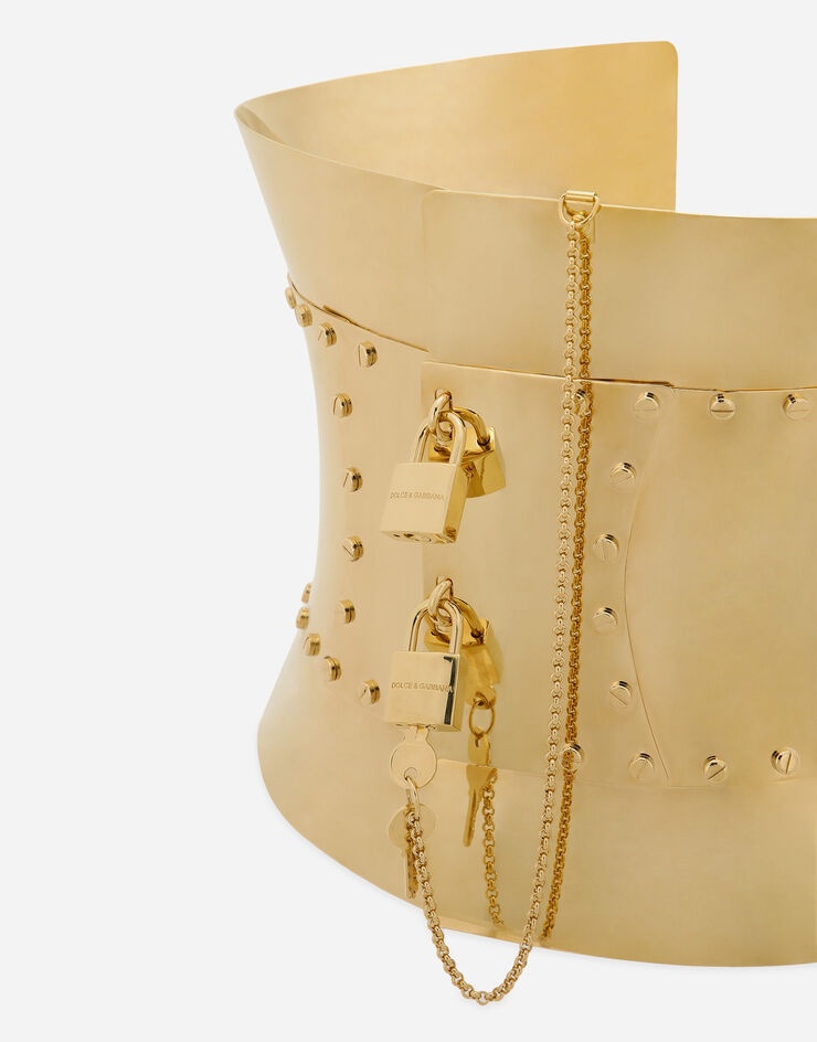 Rigid wide corset belt with padlocks in Gold for