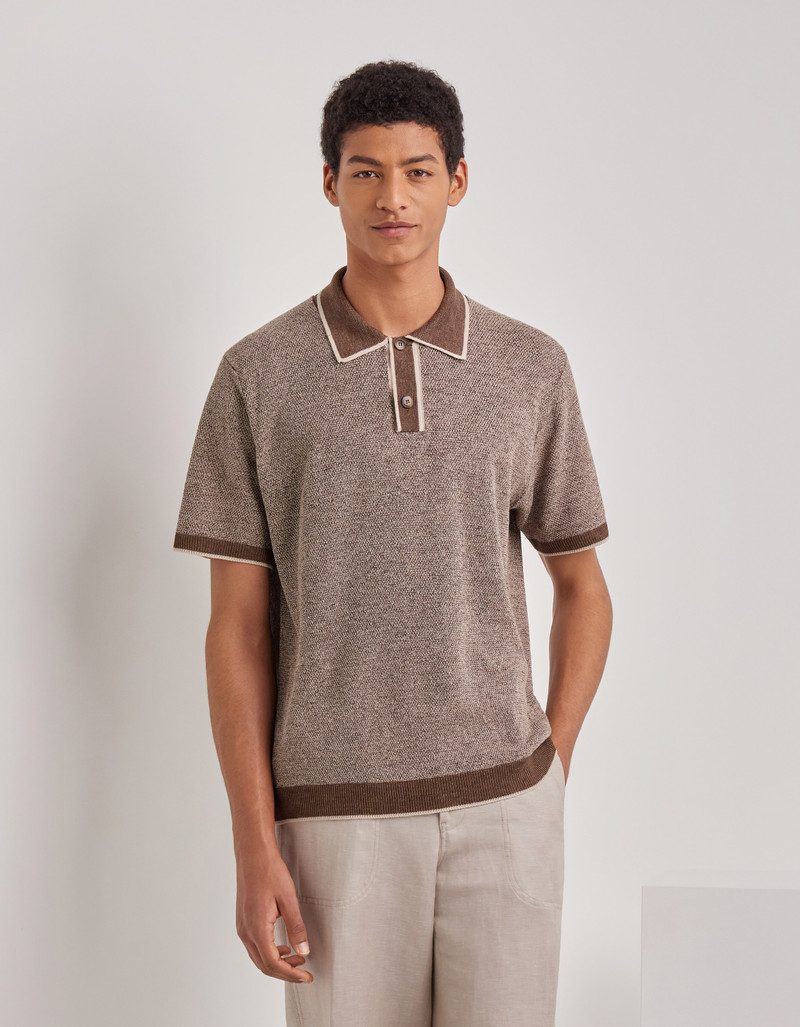 BROWN LINEN AND SILK JACQUARD POLO SHIRT WITH CONTRASTING COLLAR 3
