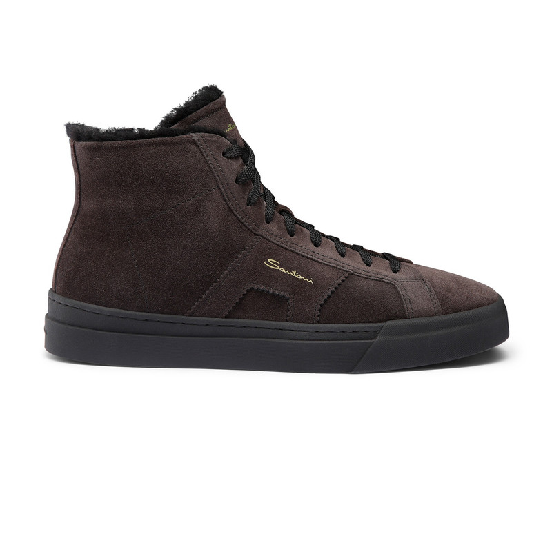Men’s grey suede high top double buckle sneaker with fur 1