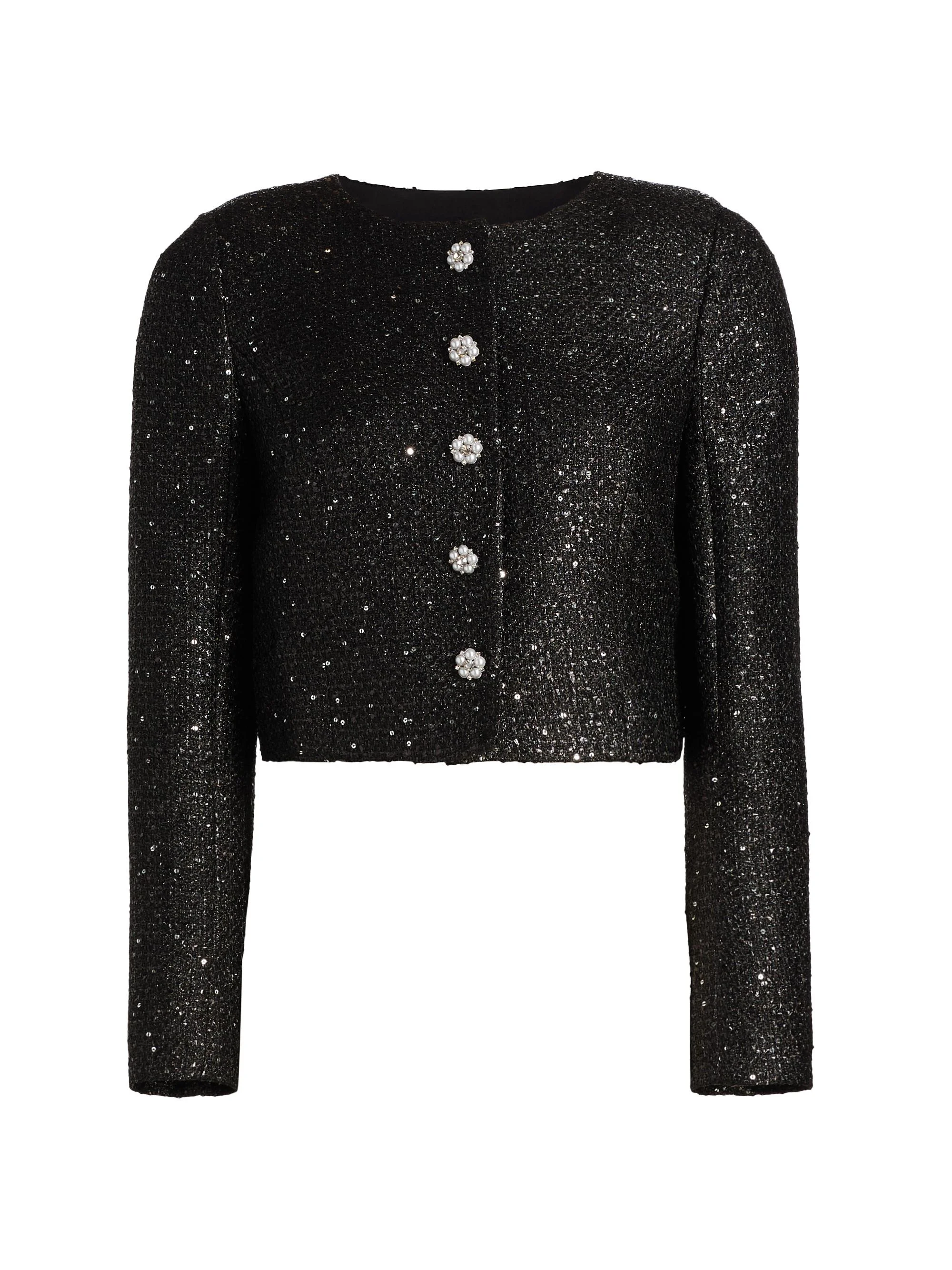 Women's Sequined Tweed Crop Jacket - Black - 1