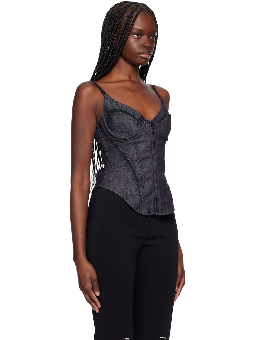 Navy Mesh Corseted Raw Denim Top - 2