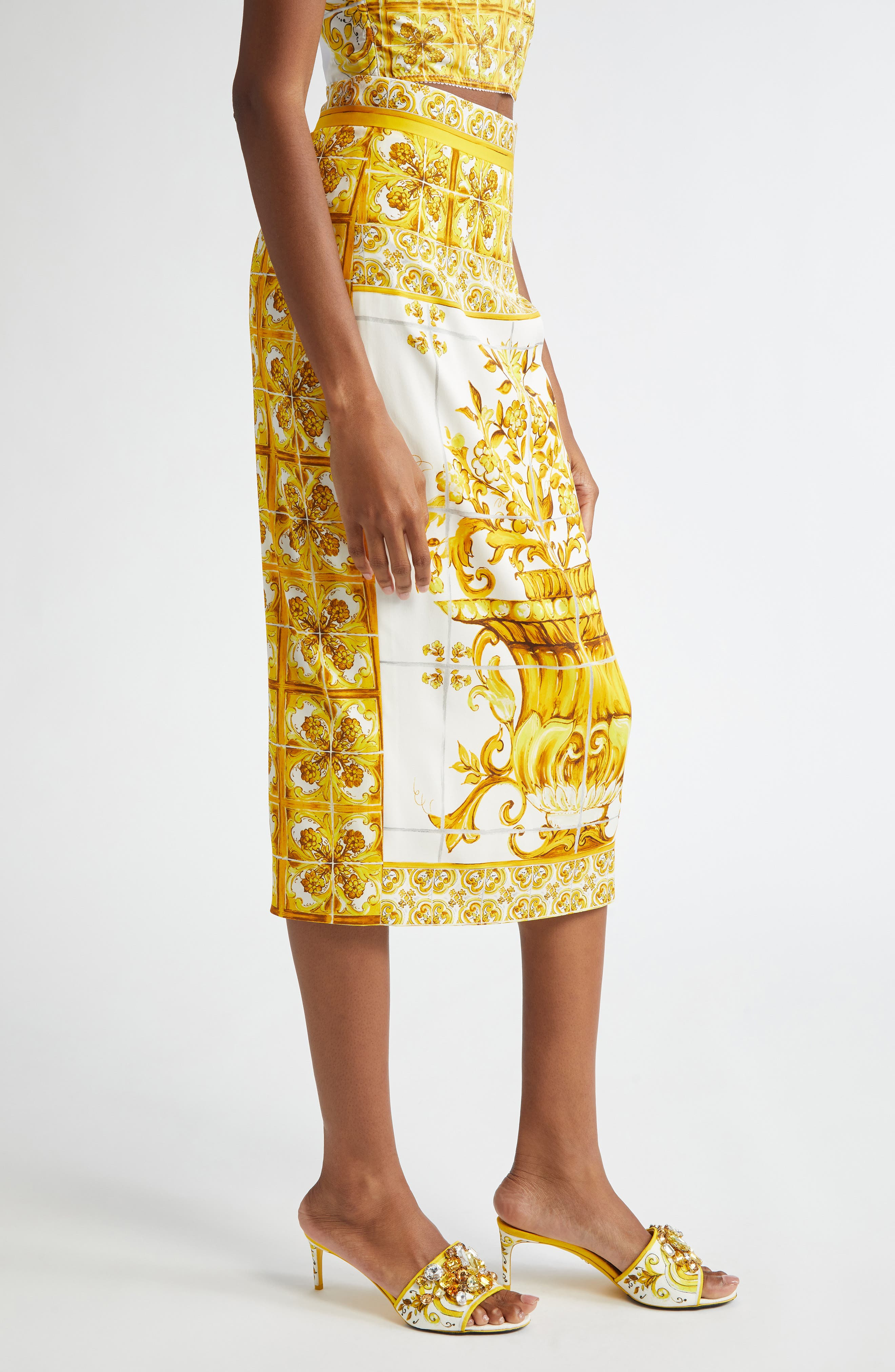 Dolce&Gabbana Majolica Stretch Silk Pencil Skirt in Hg3Tn Mix Maiolica Giallo at Nordstrom - 3